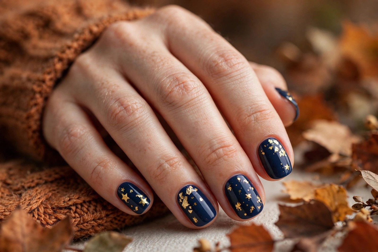 Navy blue nails with gold foil stars