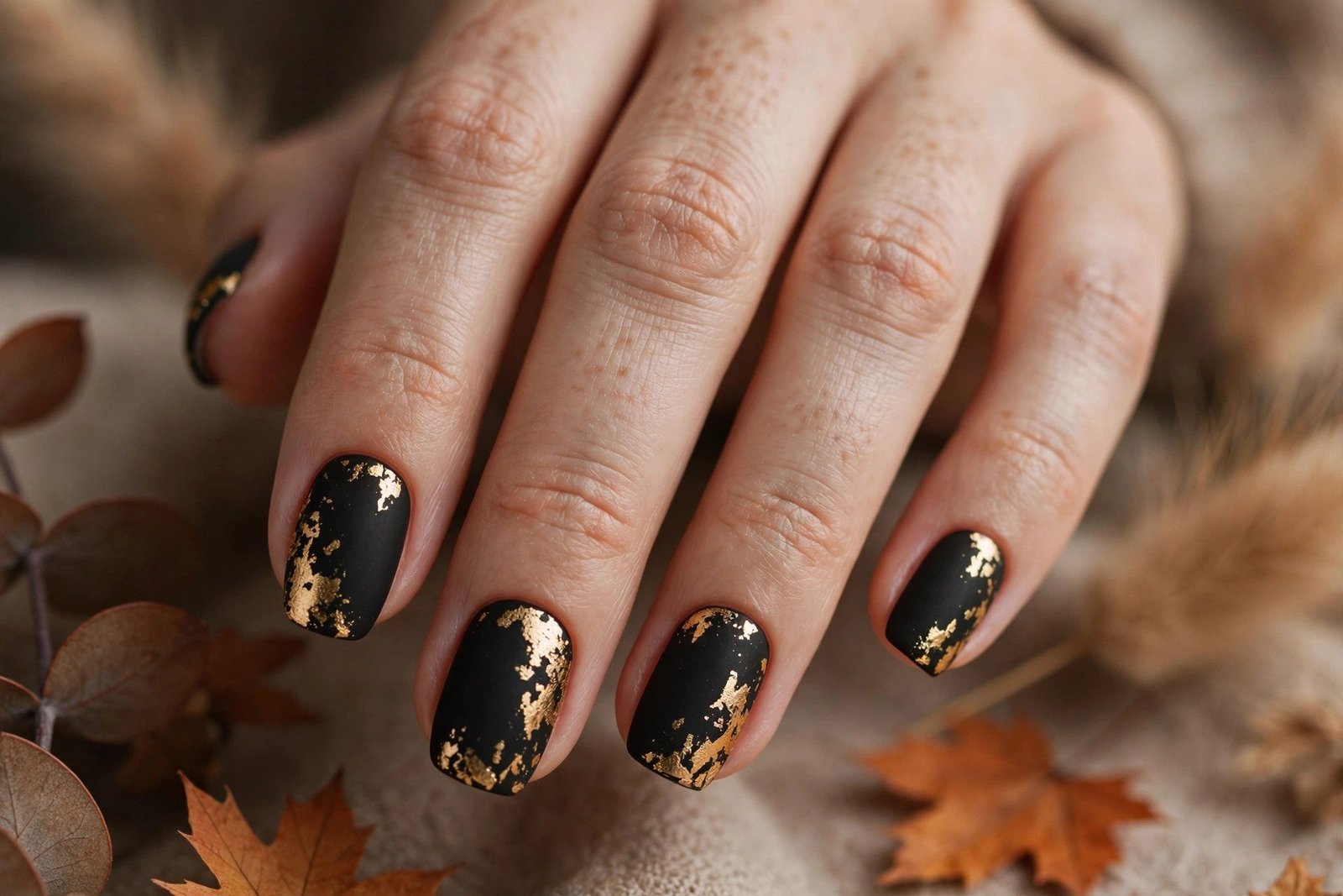Matte black nails with gold foil accents