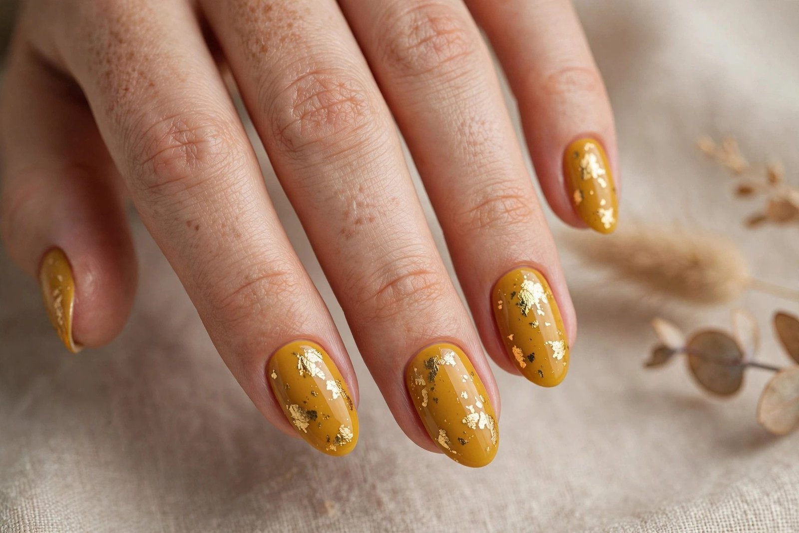 Mustard yellow nails with gold foil flakes