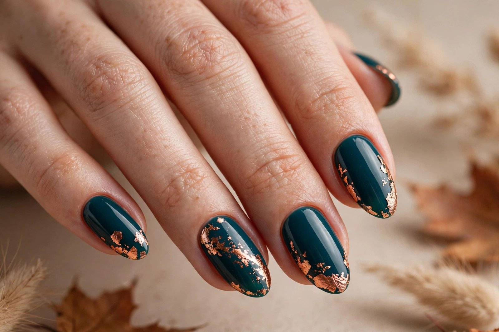 Deep teal nails with copper and gold foil
