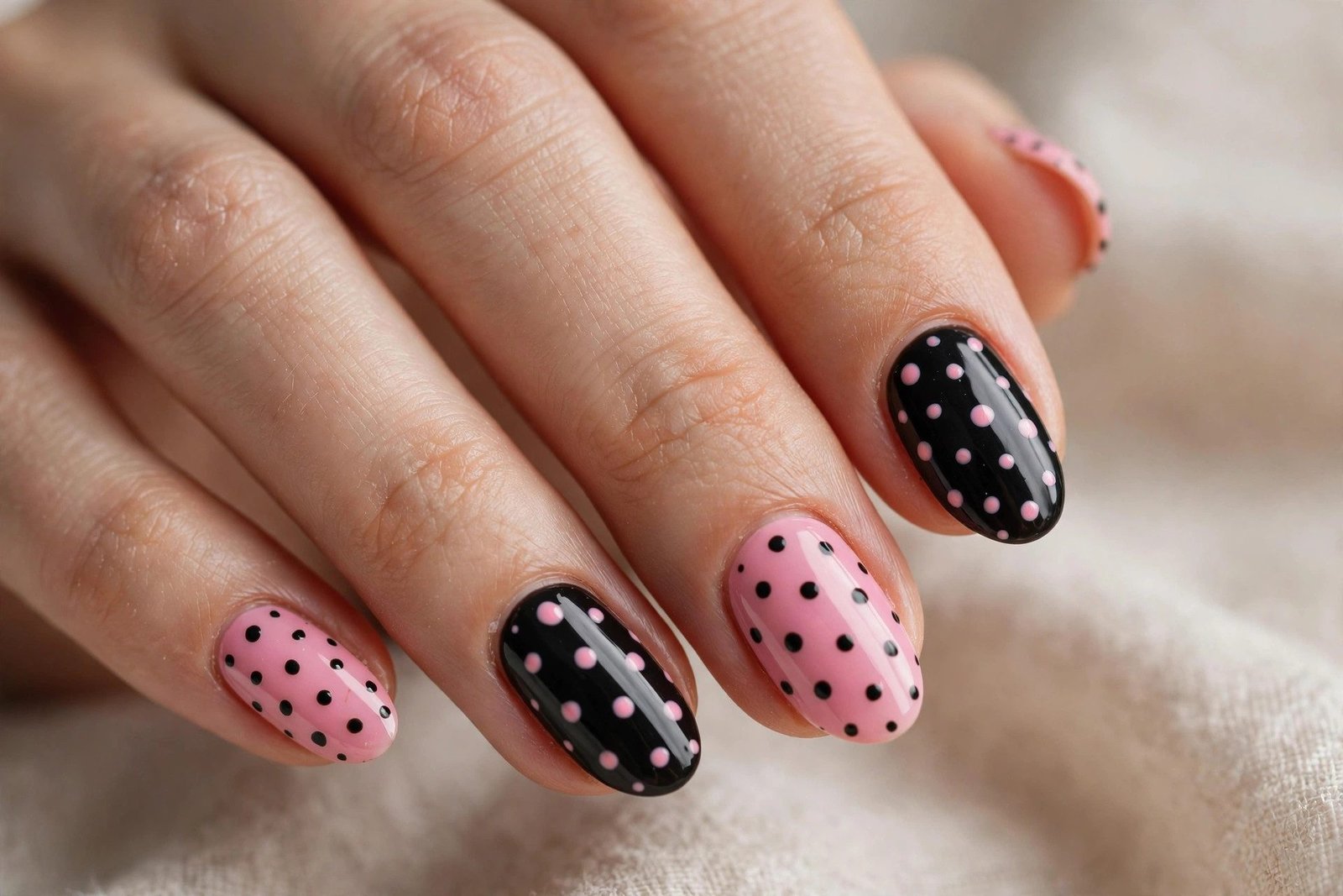 Black and pink polka dot Halloween nails