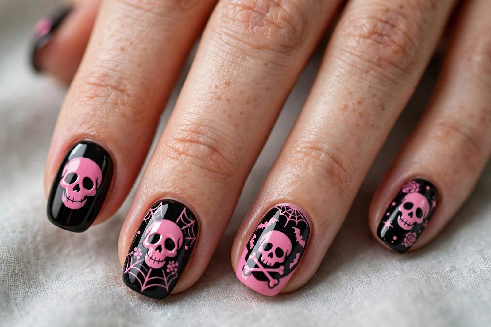 Pink skull nail art on black Halloween nails