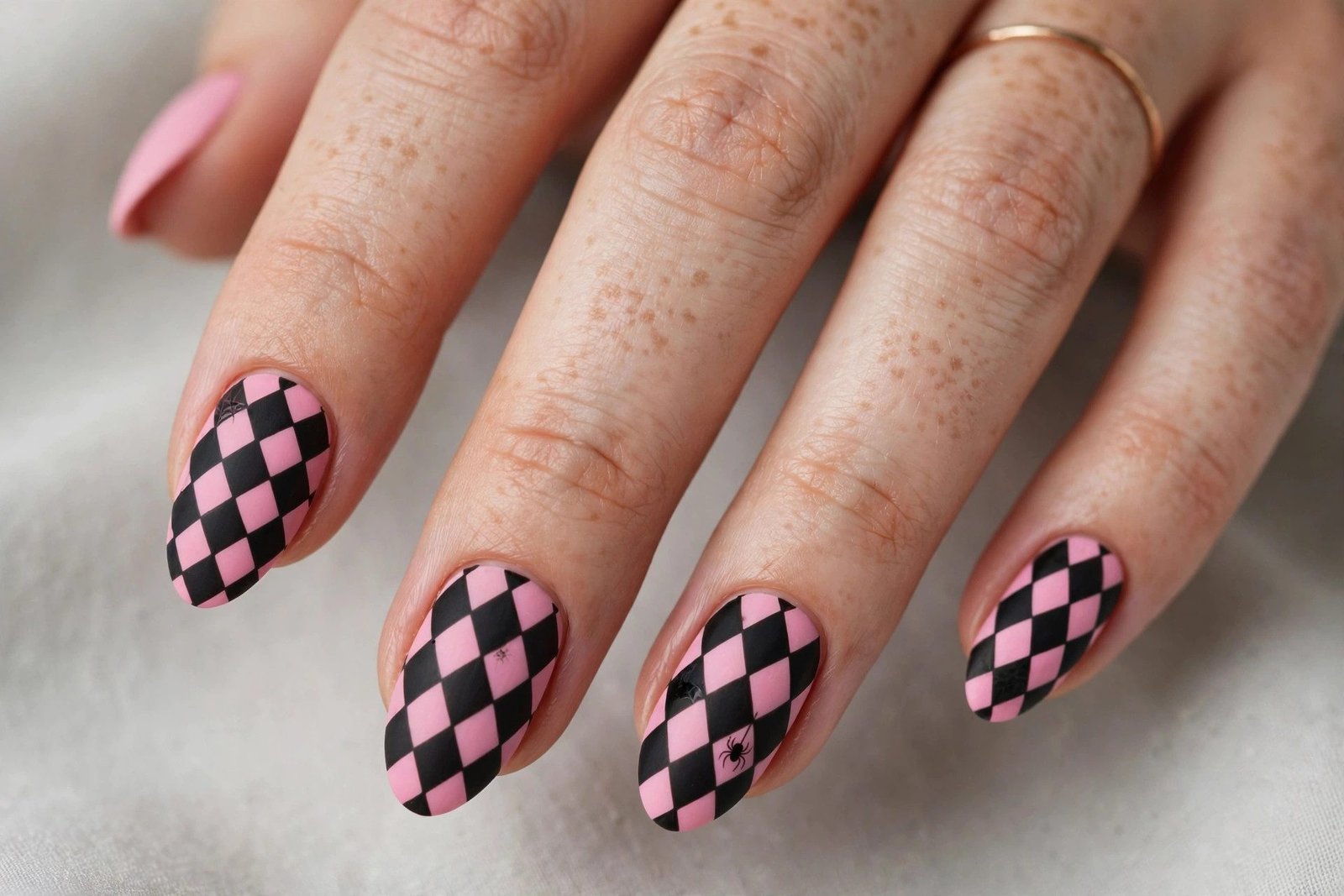 Pink and black harlequin diamond Halloween nails