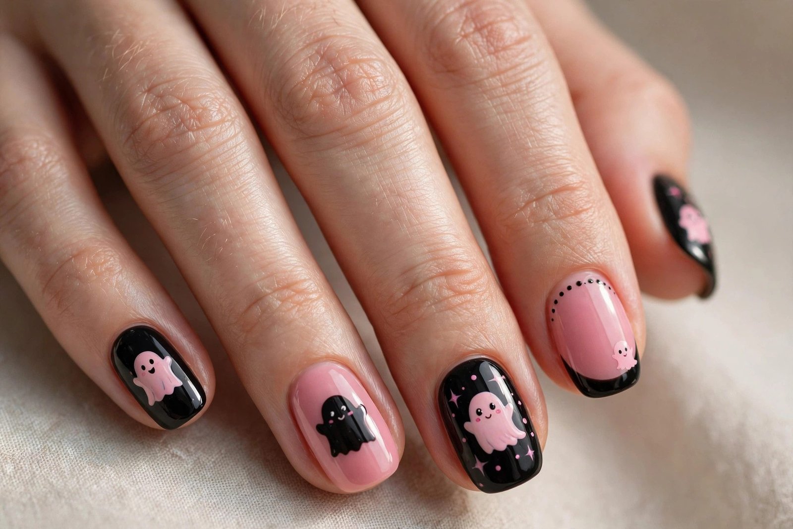 Pink ghost nail art on black nails Halloween