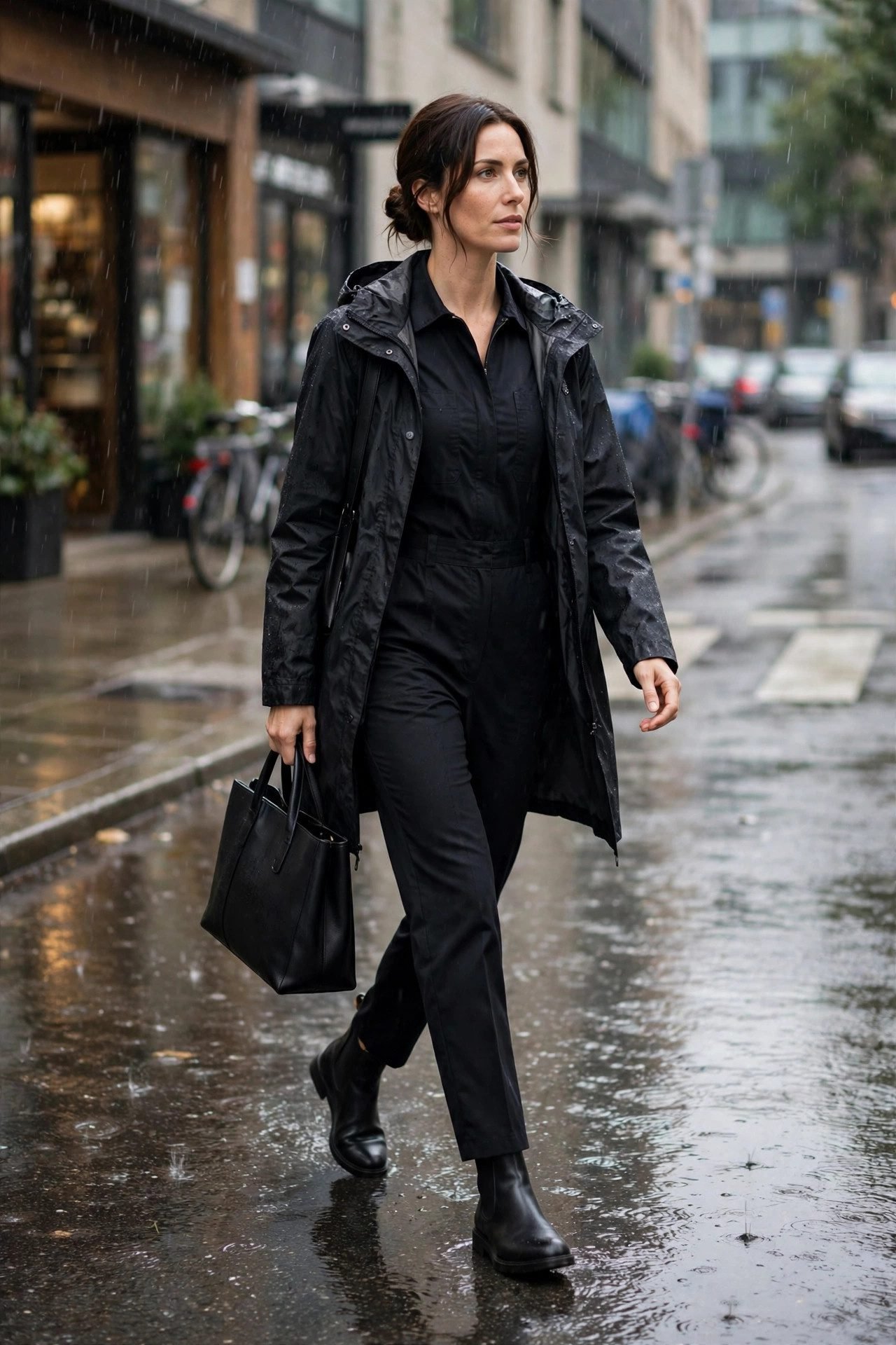 Woman wearing a black jumpsuit with a waterproof jacket for work