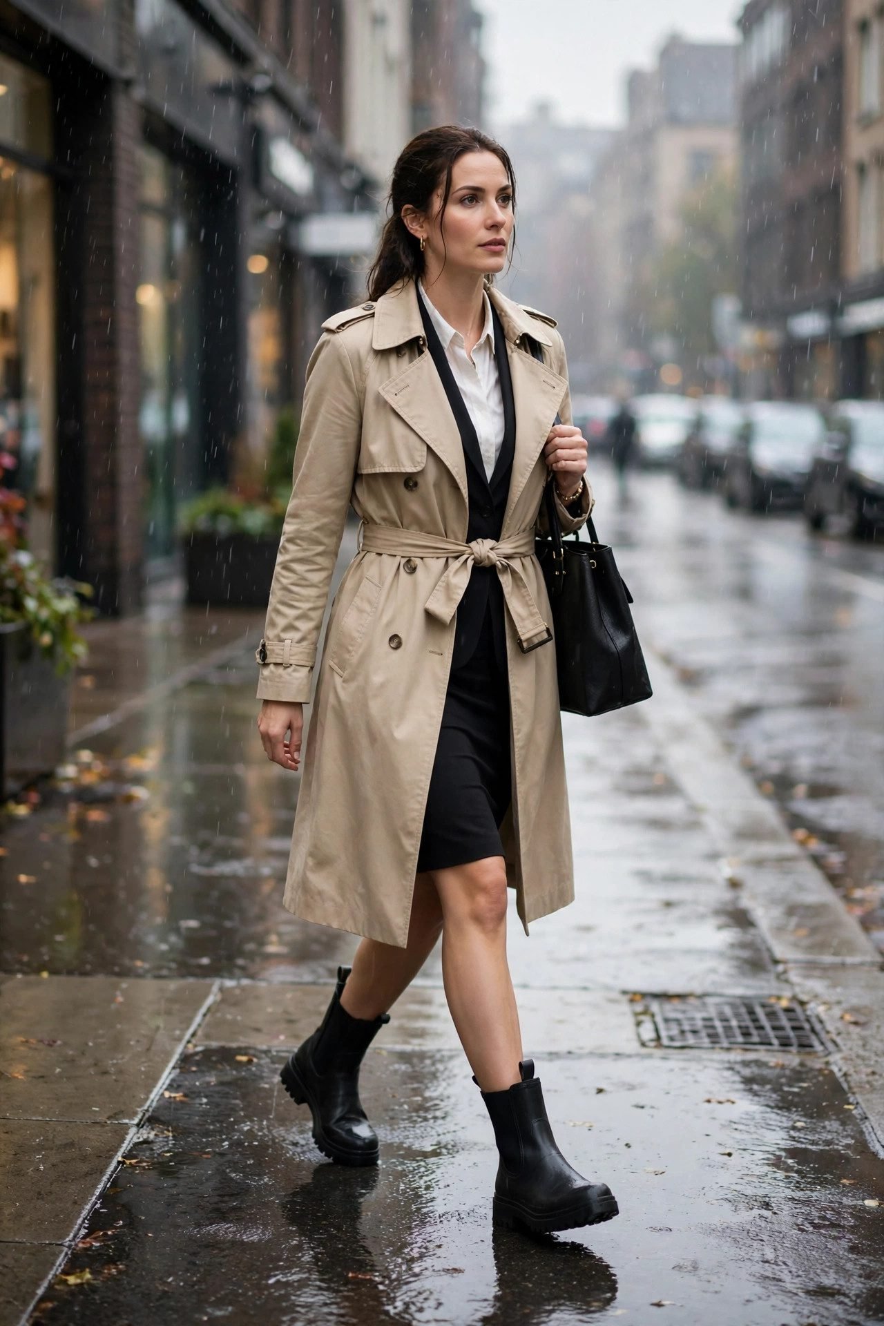 Woman wearing a pencil skirt with waterproof ankle boots