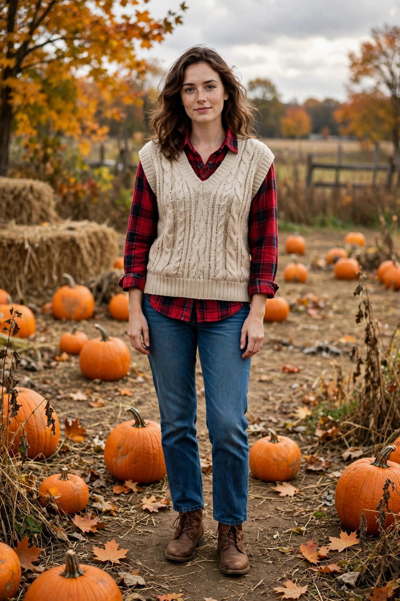 Woman wearing flannel shirt under a sweater vest with jeans