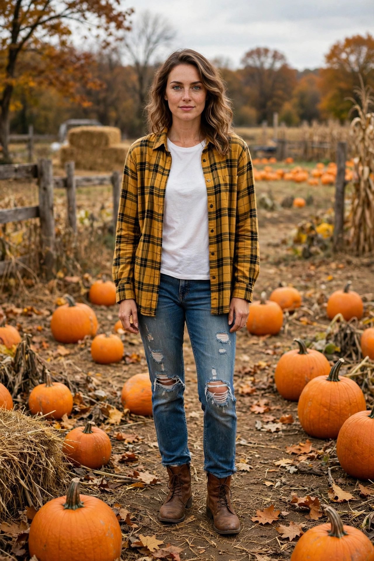 Woman wearing mustard plaid flannel with white tee and jeans