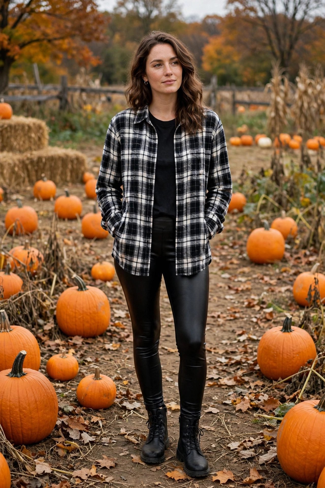 Woman wearing black and white plaid flannel with faux leather leggings