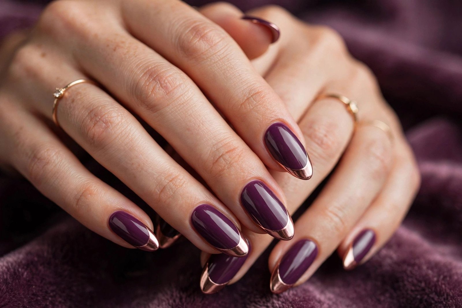 Plum nails with rose gold chrome tips