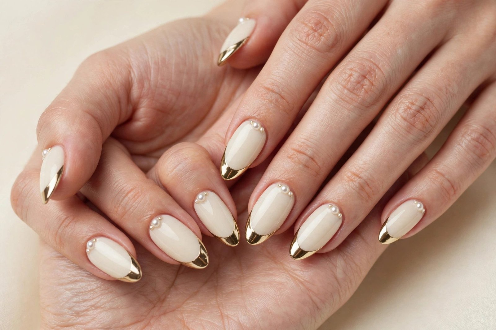 Cream nails with gold chrome tips and pearl accents