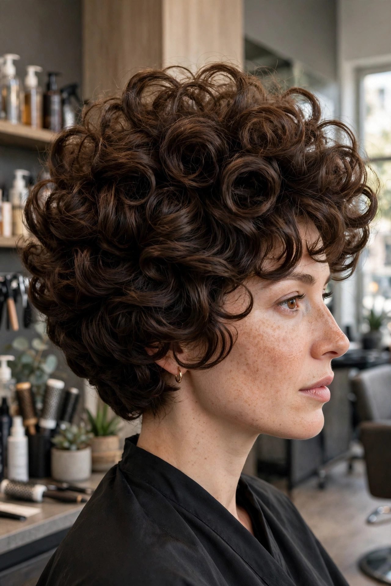 Voluminous curly stacked bob haircut