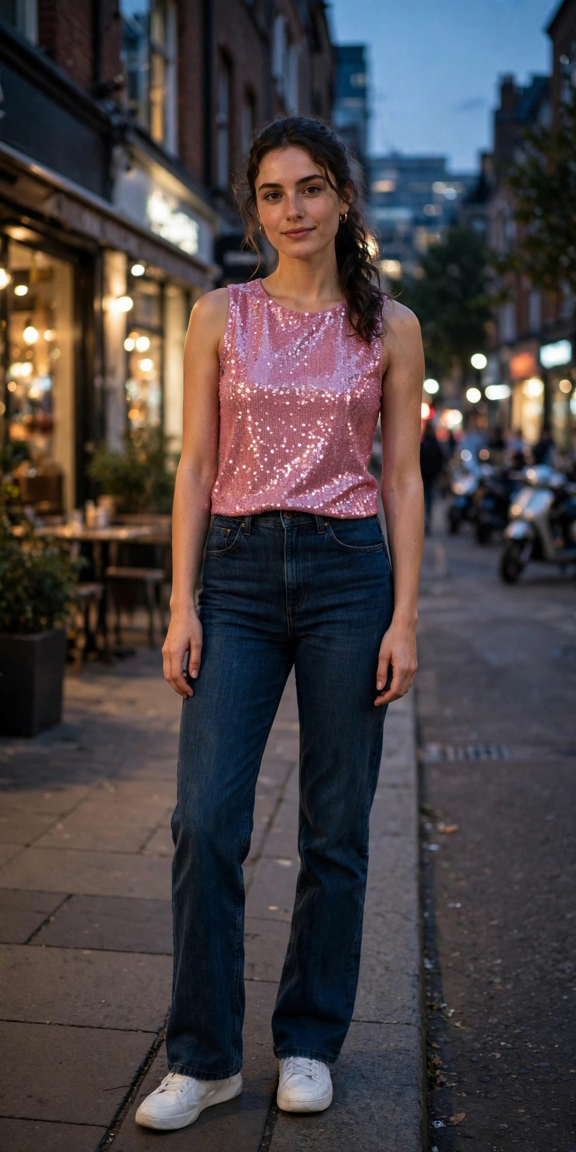 11. Pink Sequin Top + Dark Jeans