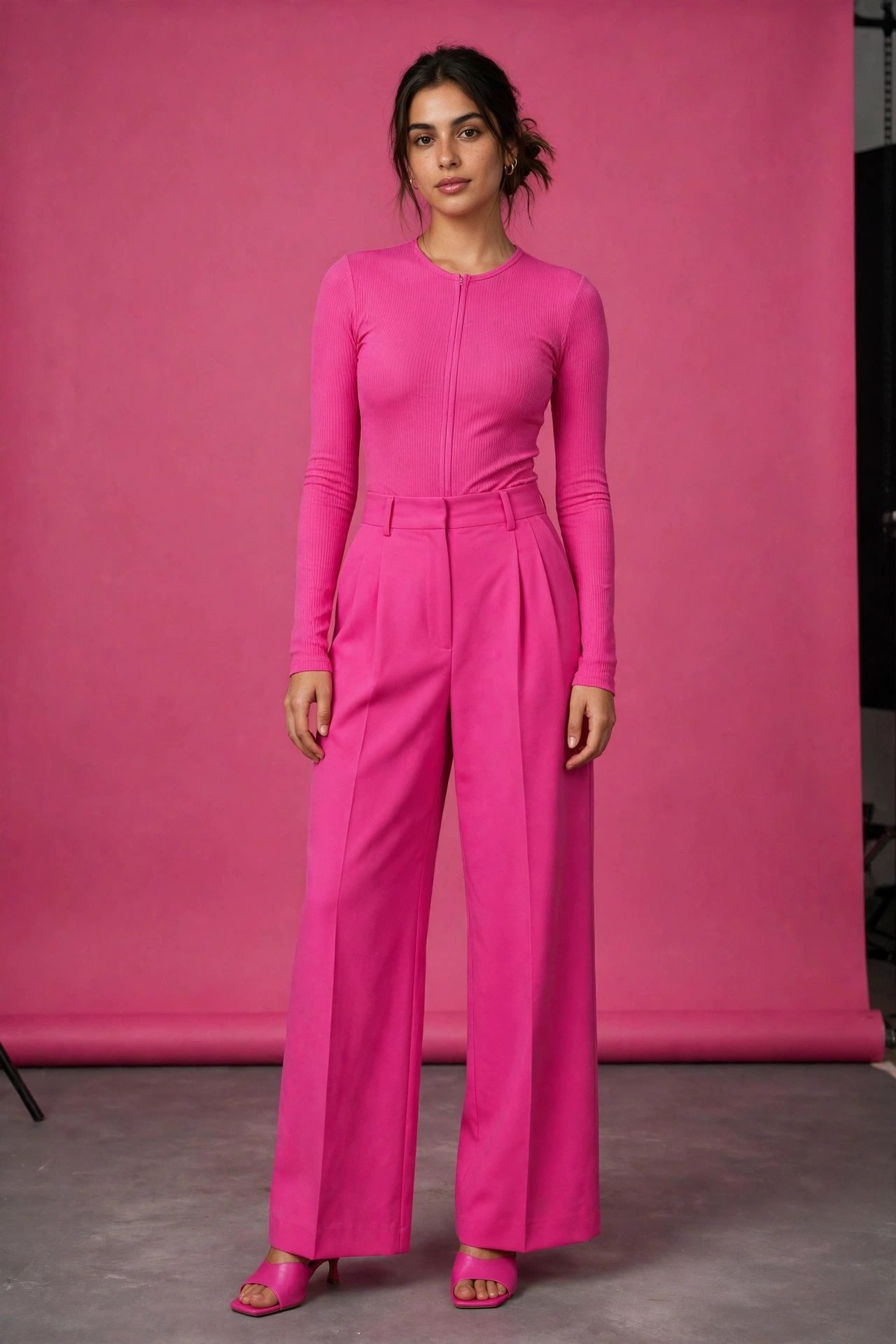 3. Hot Pink Monochrome: Bodysuit + Wide-Leg Pants
