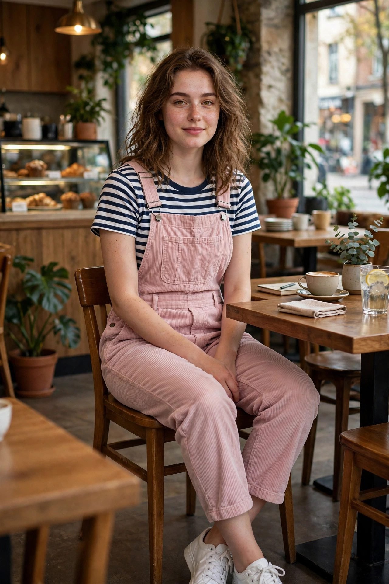 6. Pink Corduroy Overalls + Striped Tee