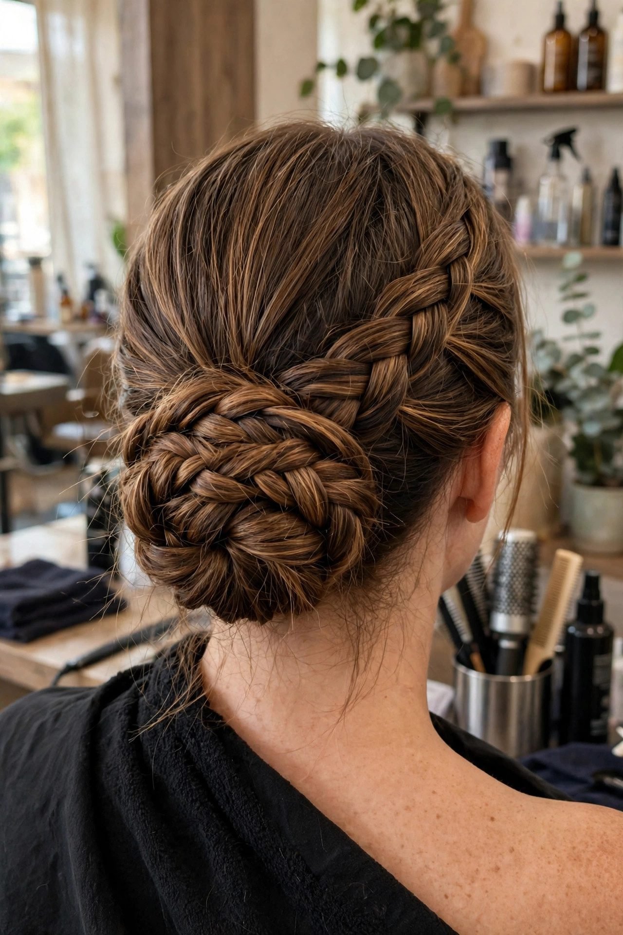 Low braided bun rainy day hairstyle