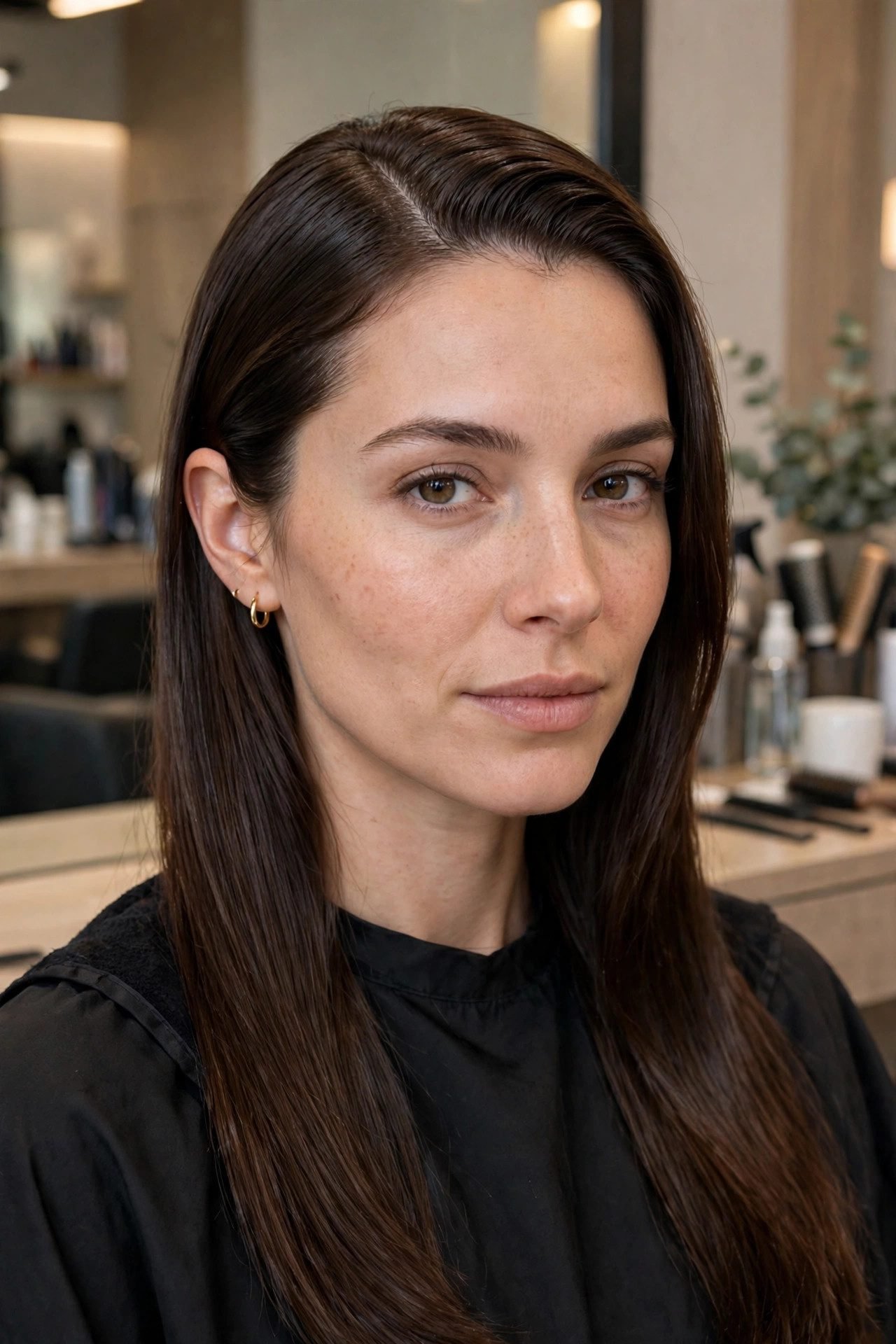 Sleek side part tucked rainy day hairstyle