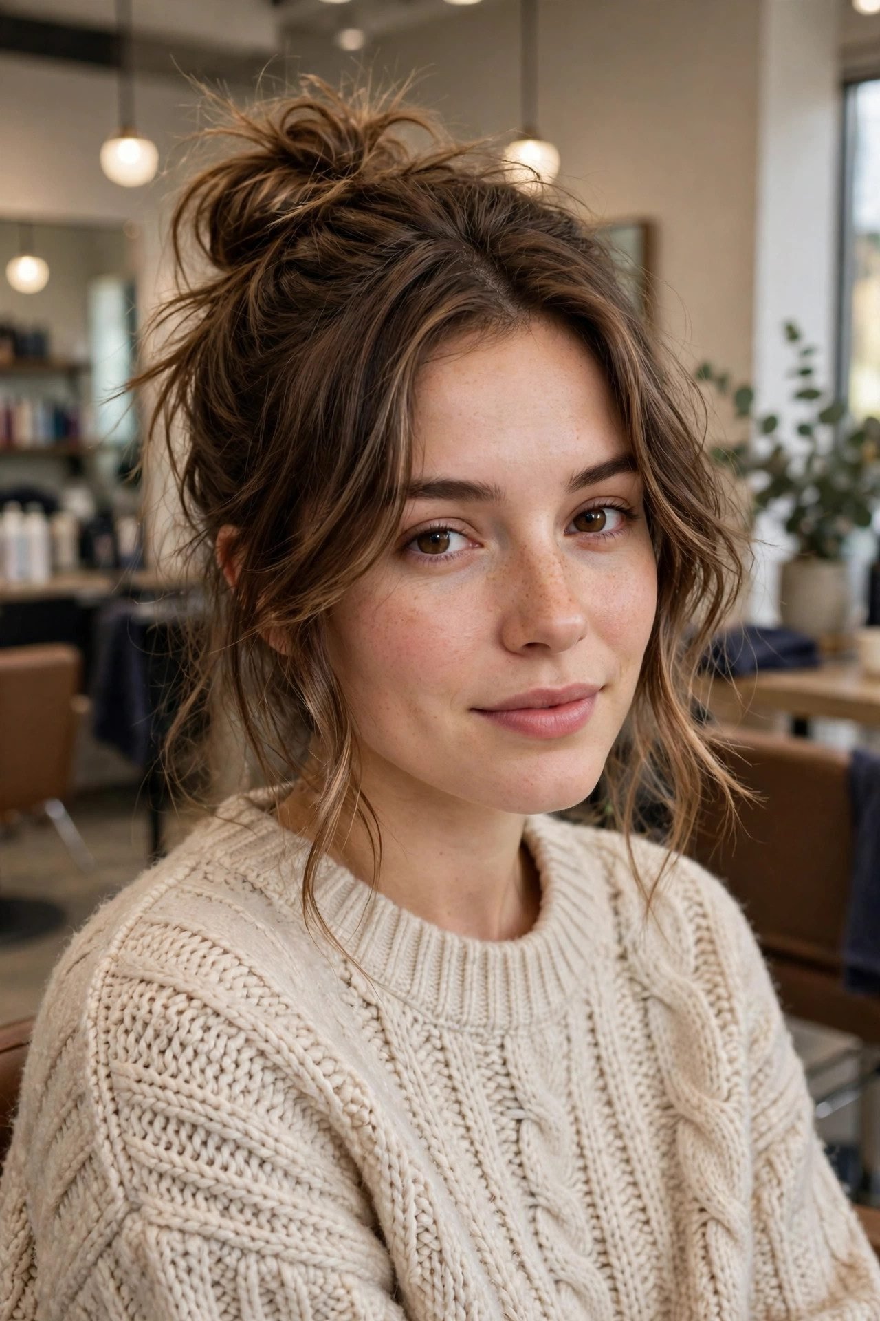 Messy top bun cozy winter updo