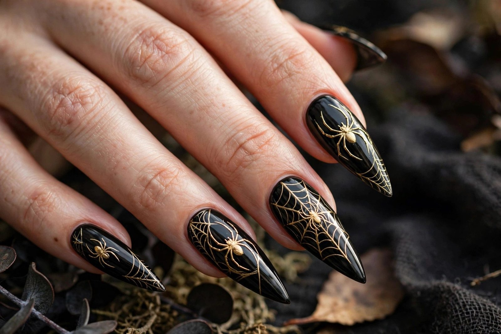 Black stiletto nails with gold spider art