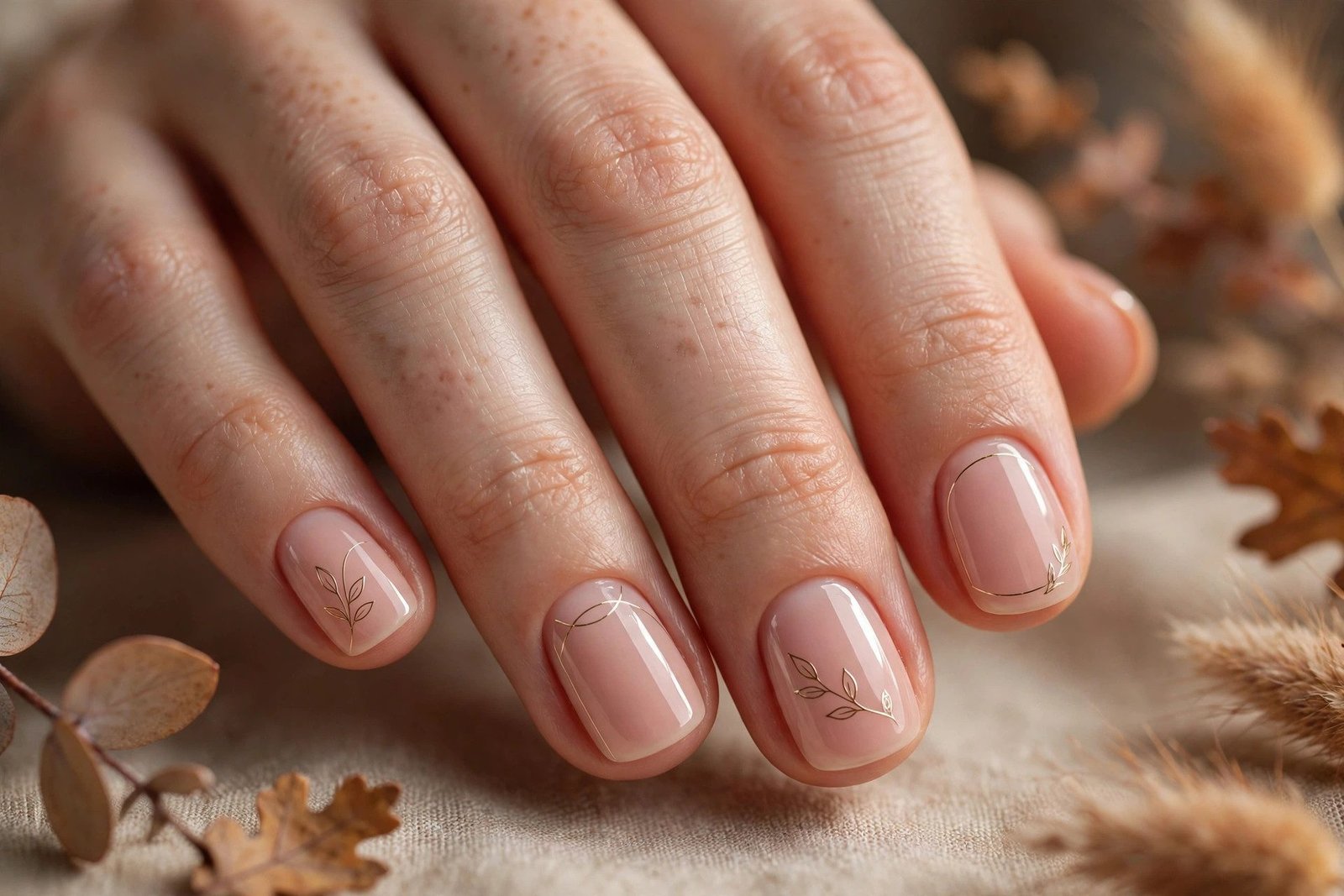 Short nails with thin gold line art