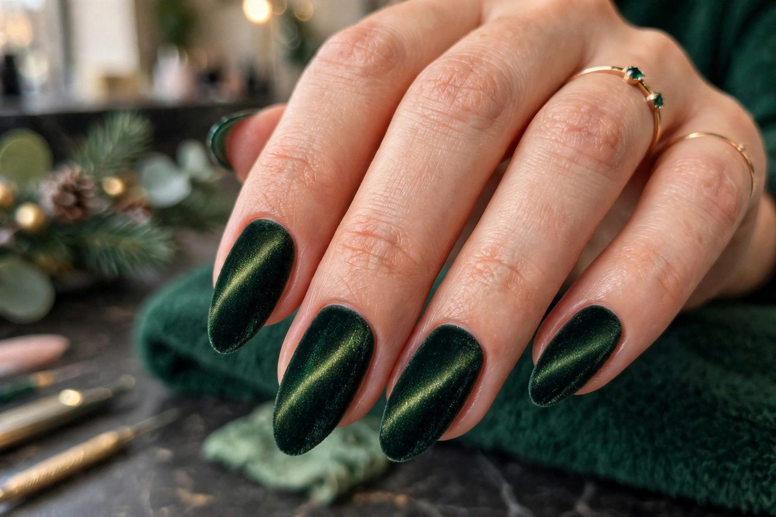 Emerald Velvet Cat-Eye Grinch Nails