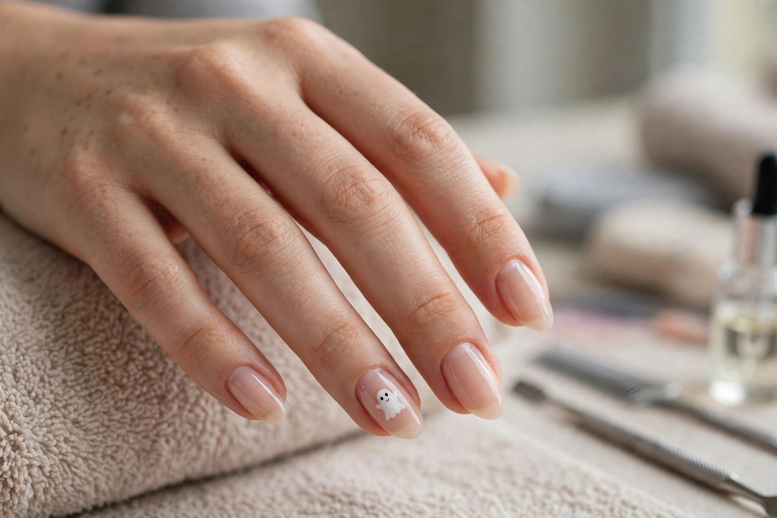 Single Tiny Ghost on Sheer Nude