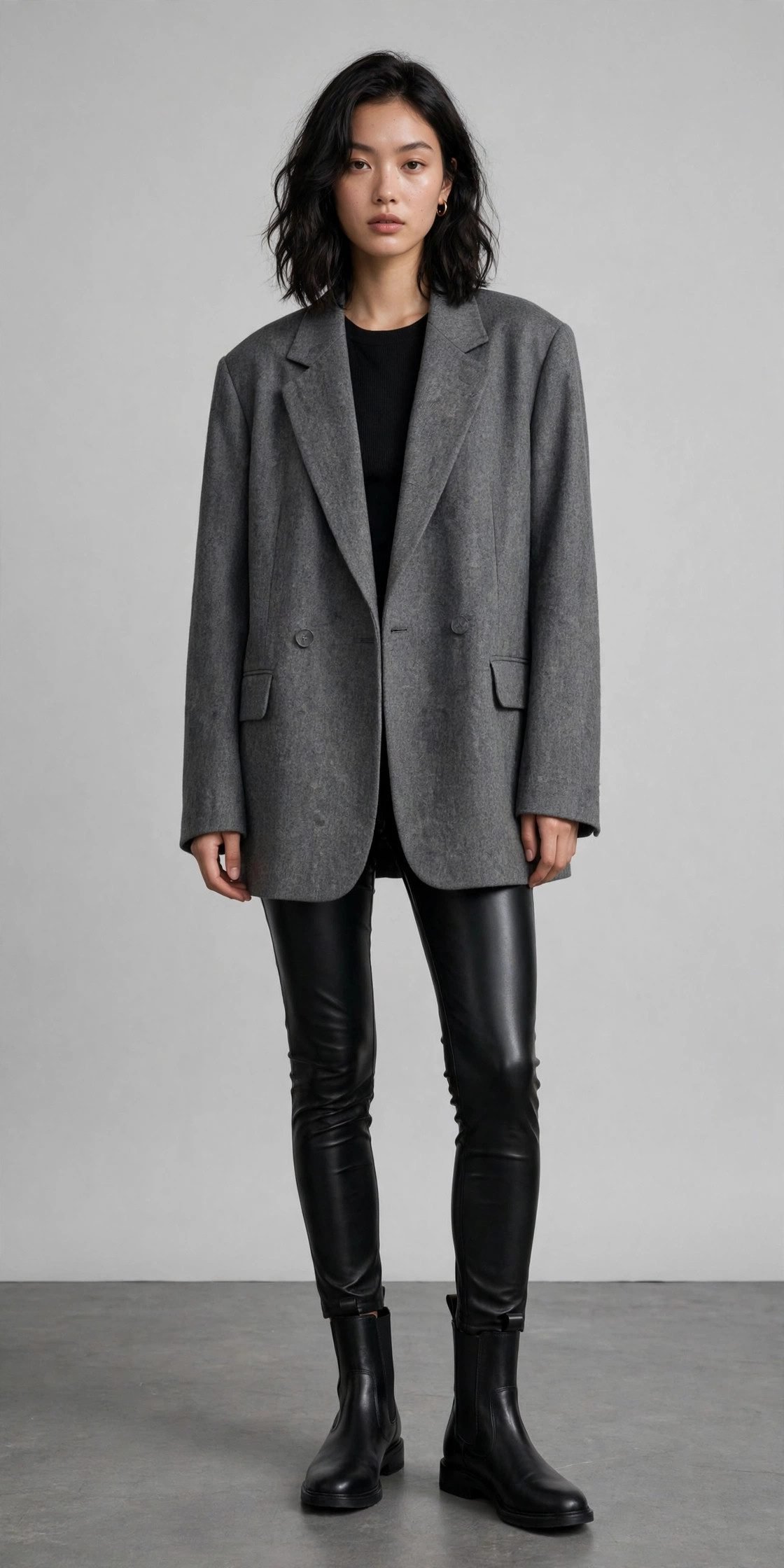 Chelsea boots outfit with leather leggings and oversized blazer