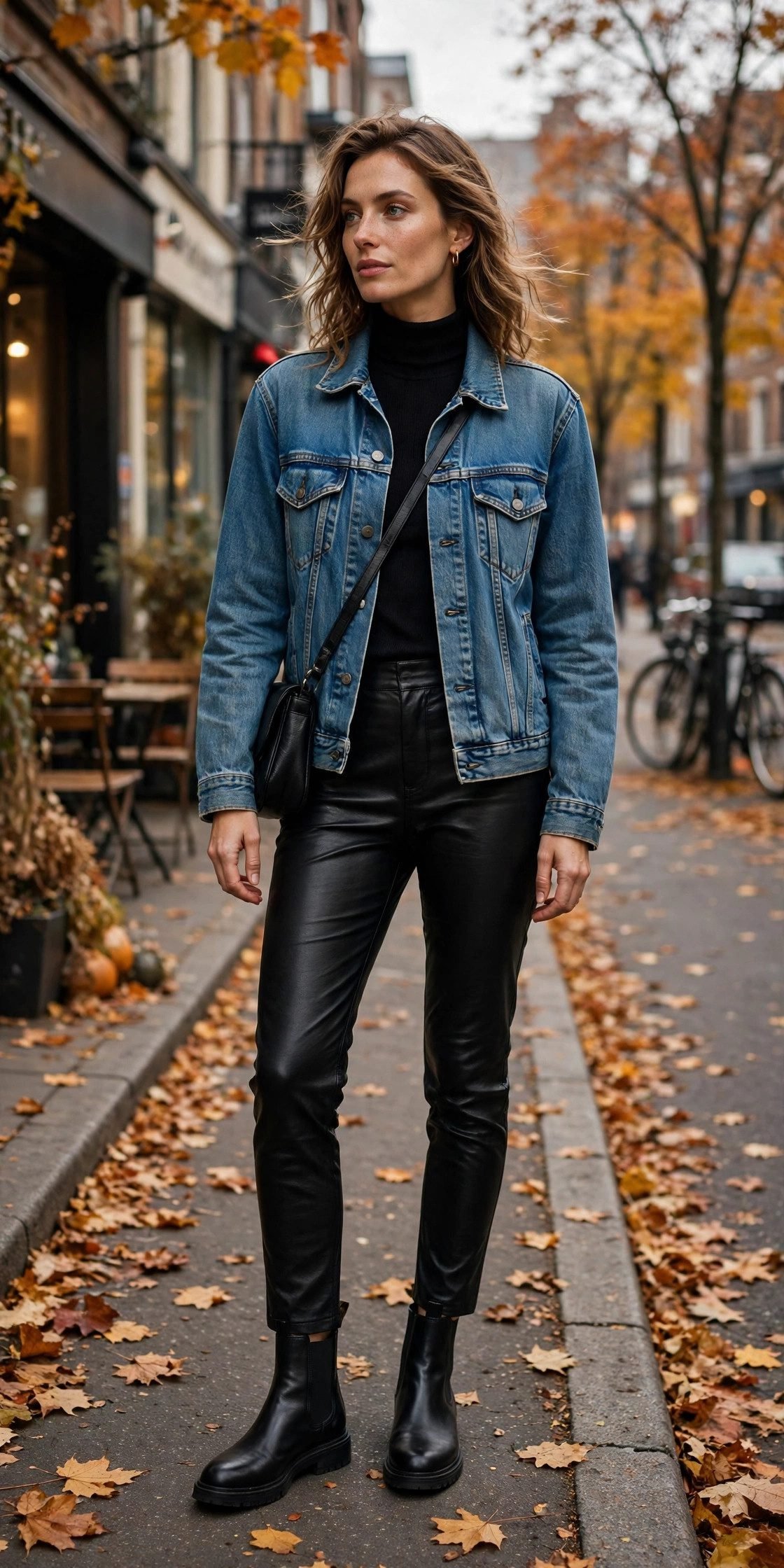 Leather pants with denim jacket and chelsea boots