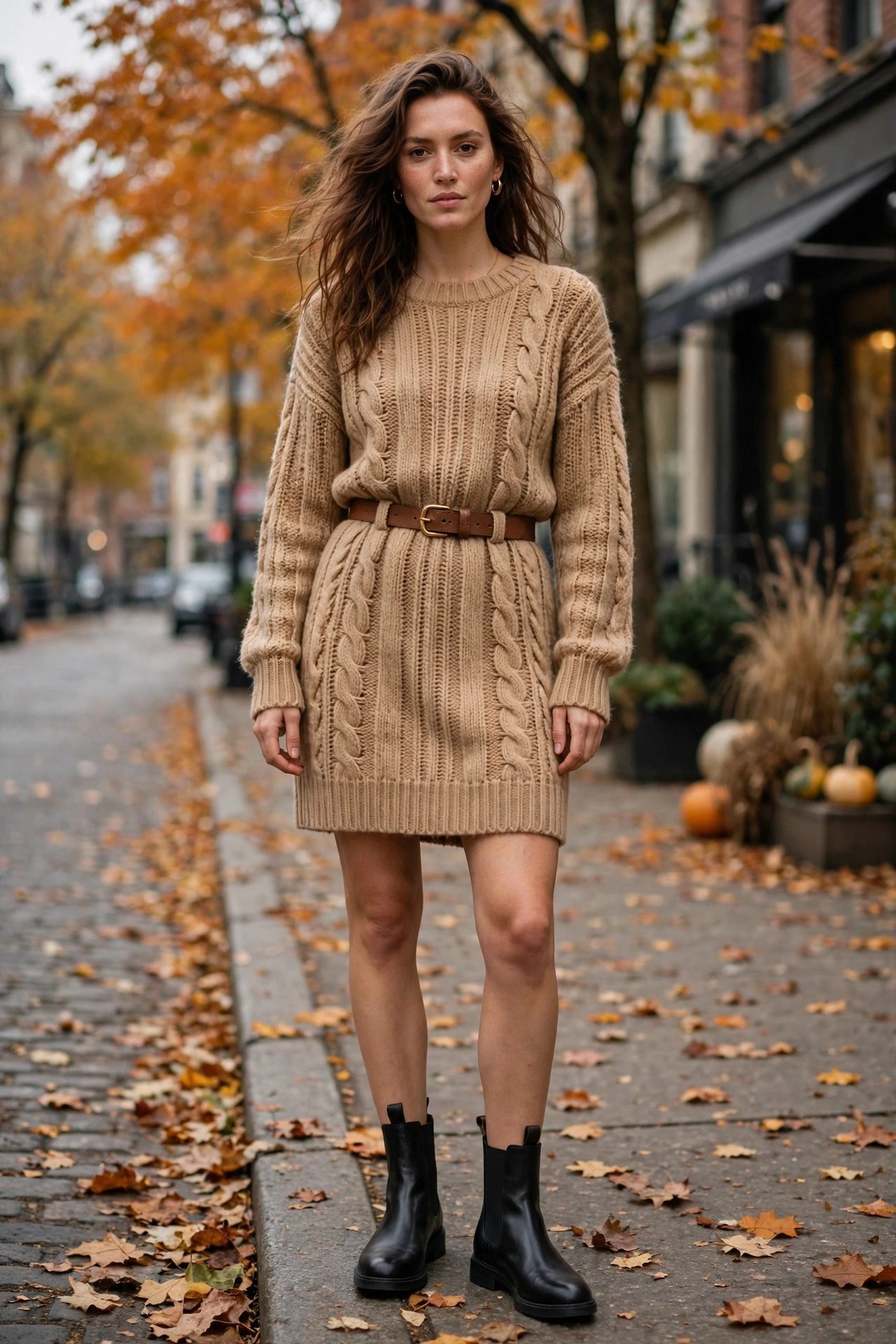 Knit sweater dress with belt and chelsea boots
