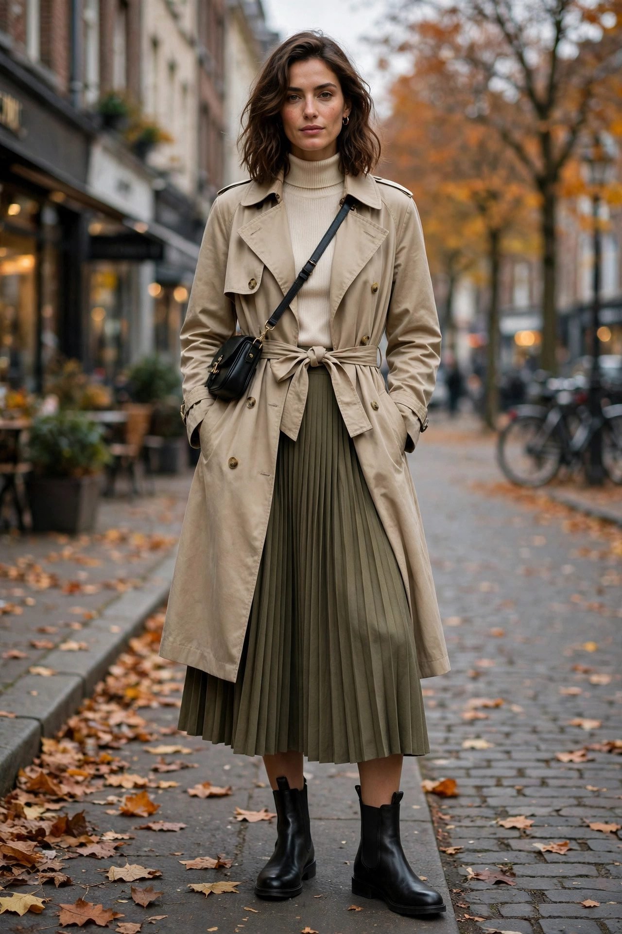 Pleated midi skirt with trench coat and chelsea boots
