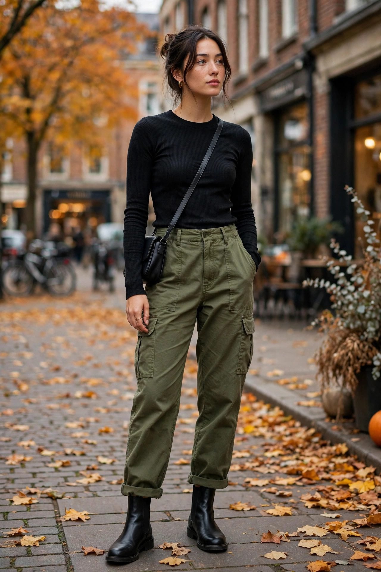 Cargo pants with fitted top and chelsea boots outfit