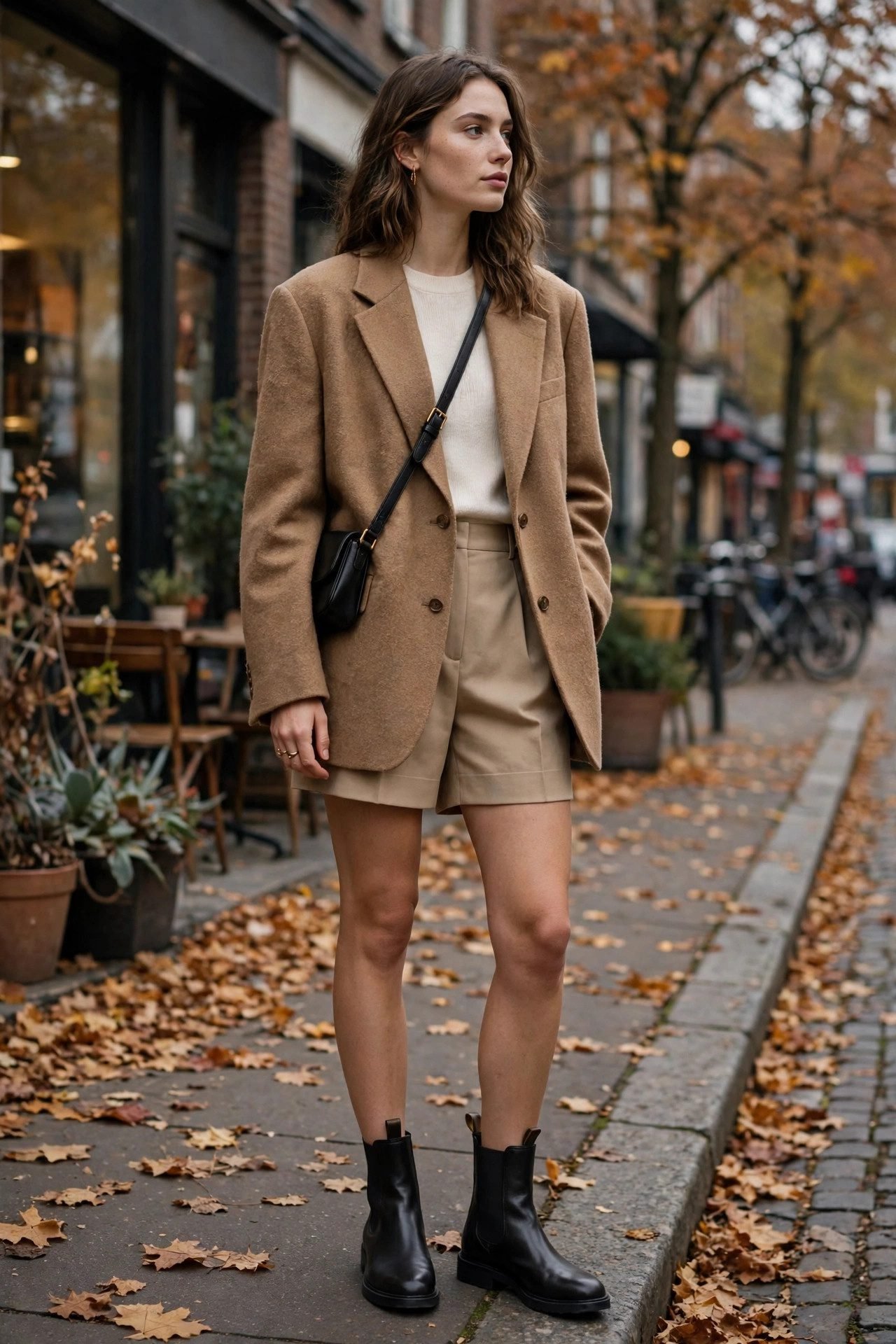 Tailored shorts with blazer and chelsea boots transitional outfit