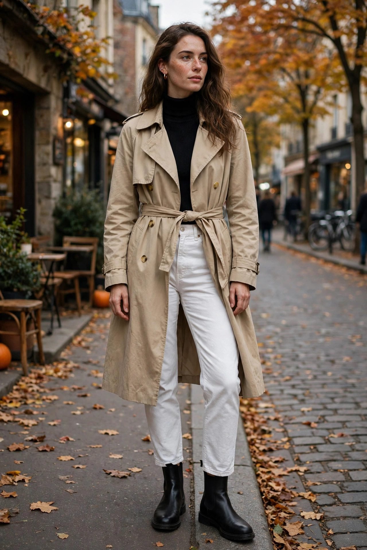 White jeans with beige trench coat and chelsea boots