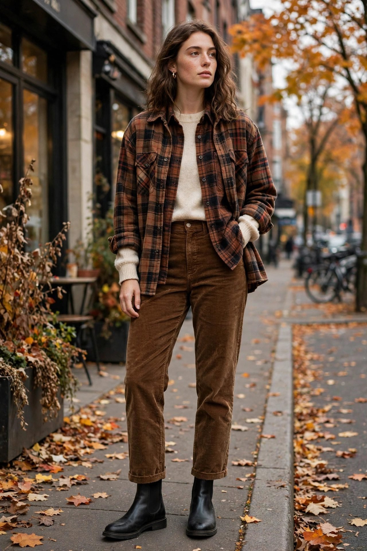 Corduroy pants with flannel layers and chelsea boots