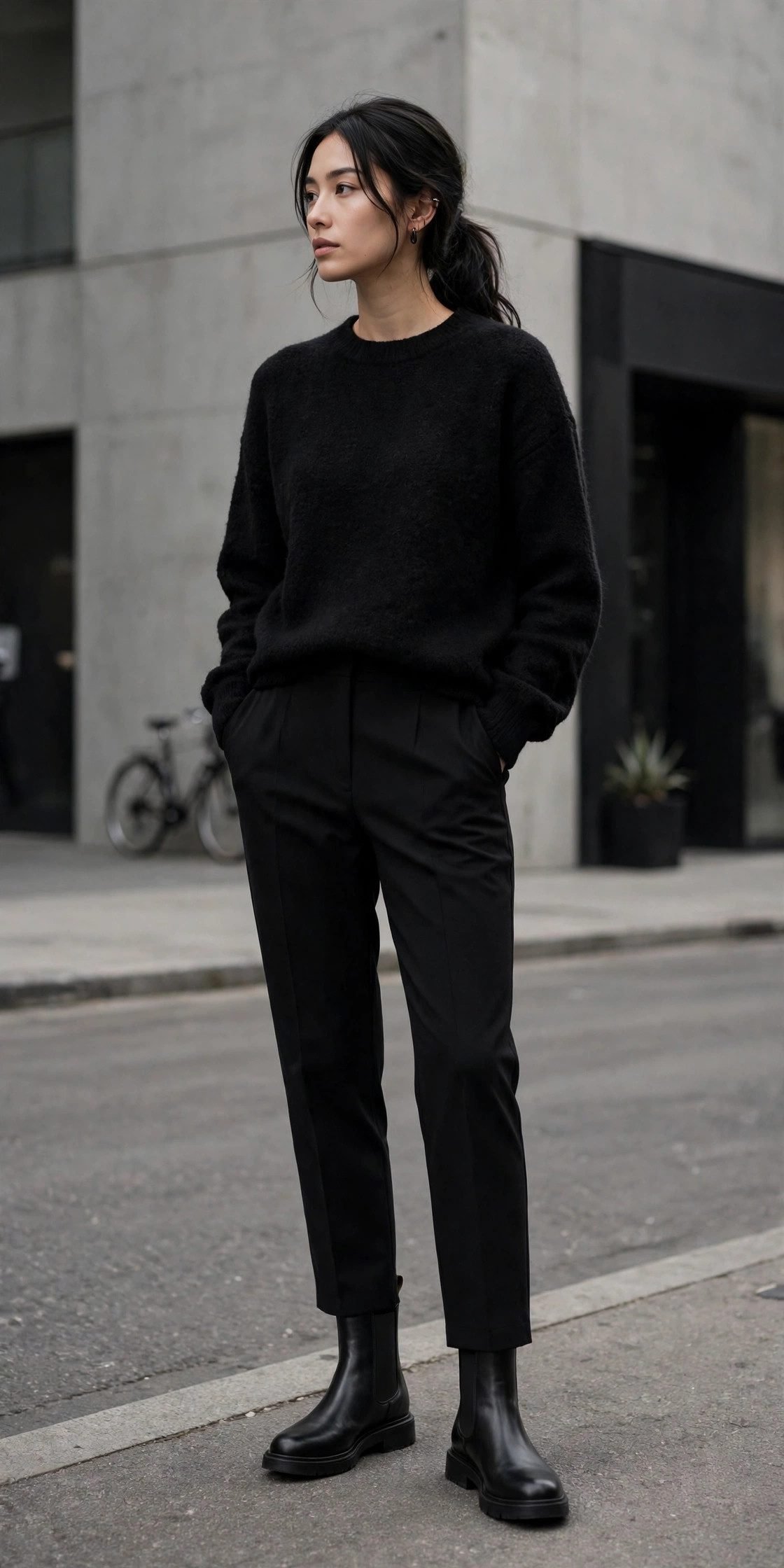 All black monochrome outfit with chelsea boots