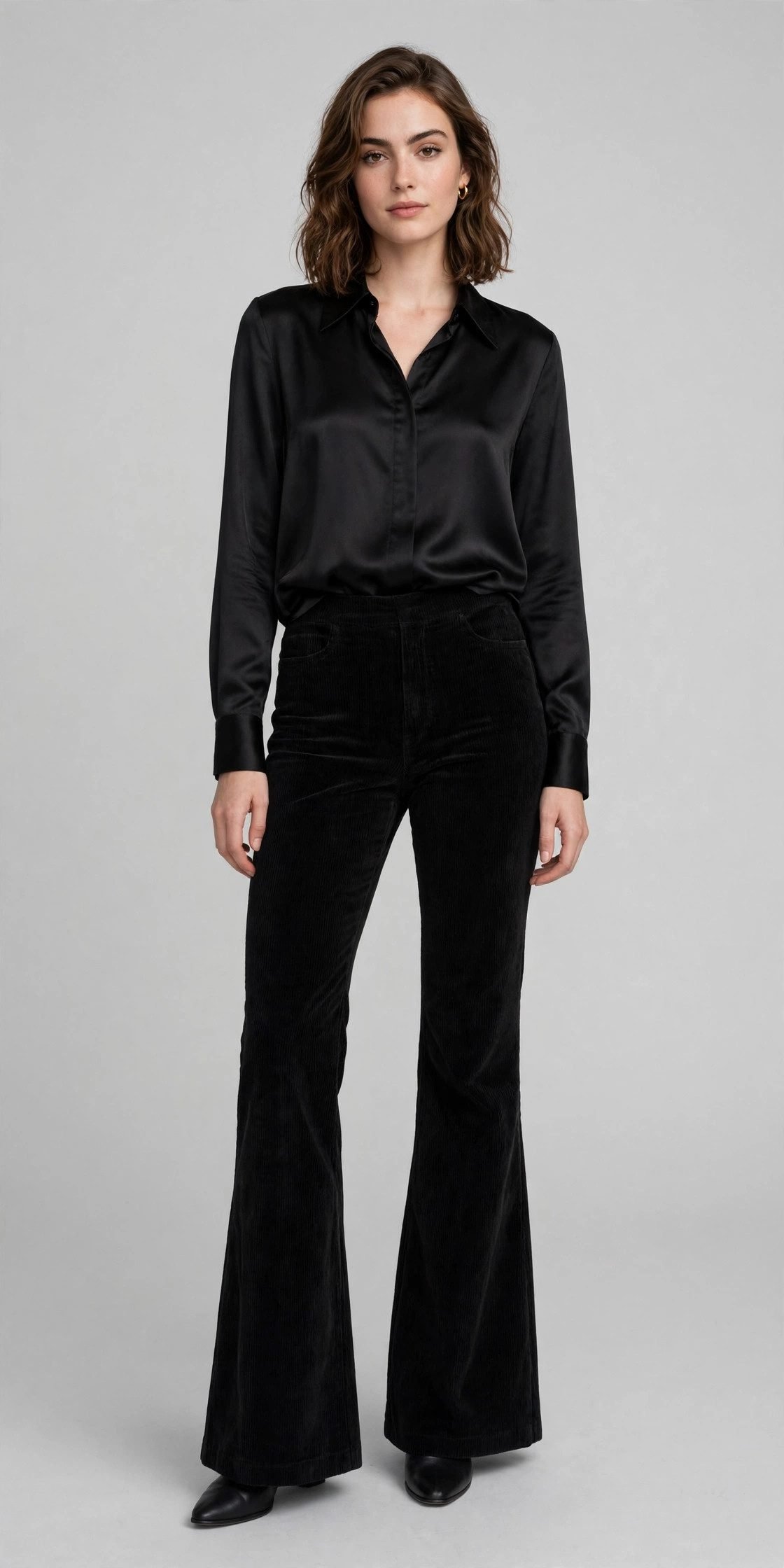 Woman wearing black corduroy flare pants with a satin blouse