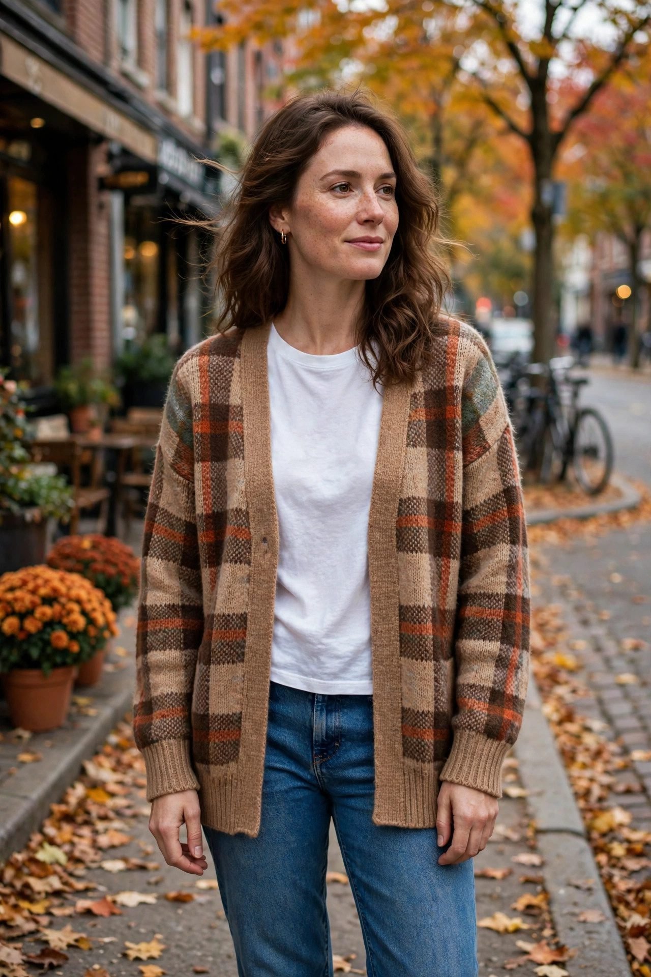 Woman wearing a plaid cardigan over a white tee and jeans