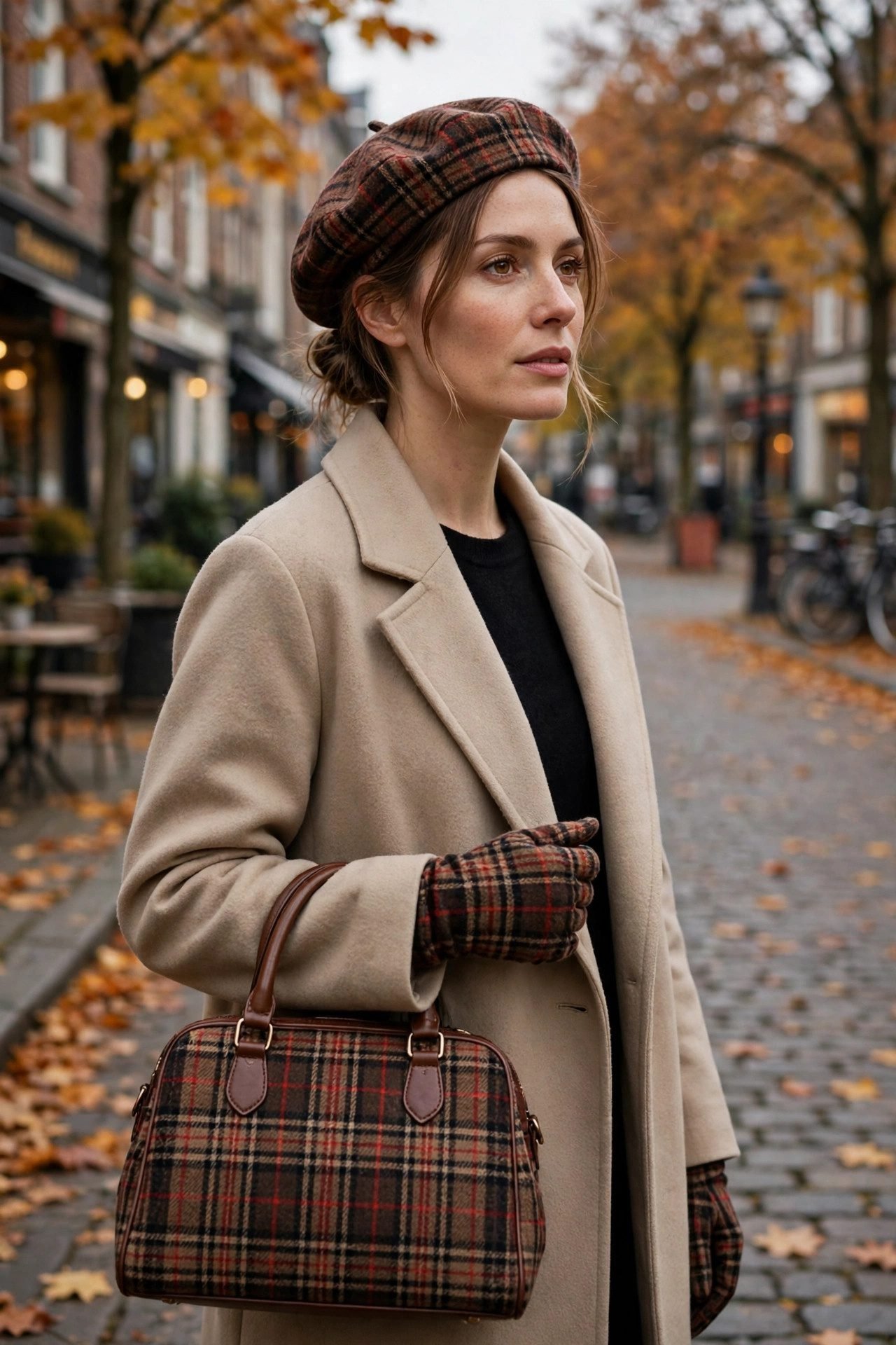 Woman wearing plaid accessories beret and bag for fall