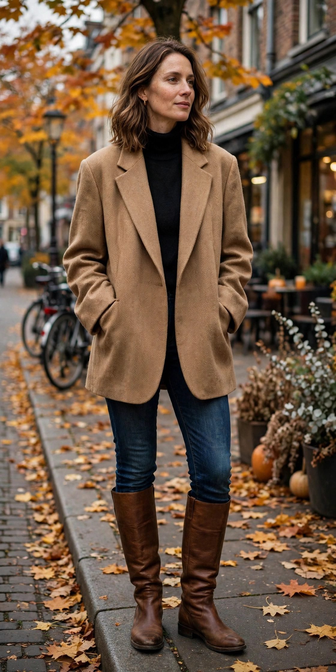 Wide calf boots styled with skinny jeans and oversized blazer