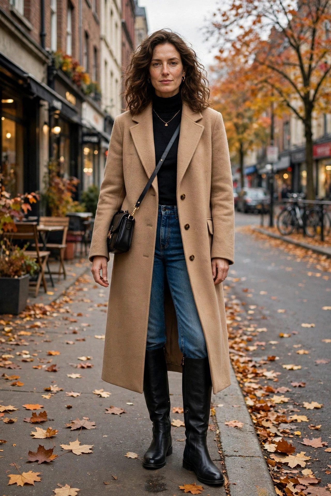 Straight leg jeans with long coat and wide calf boots