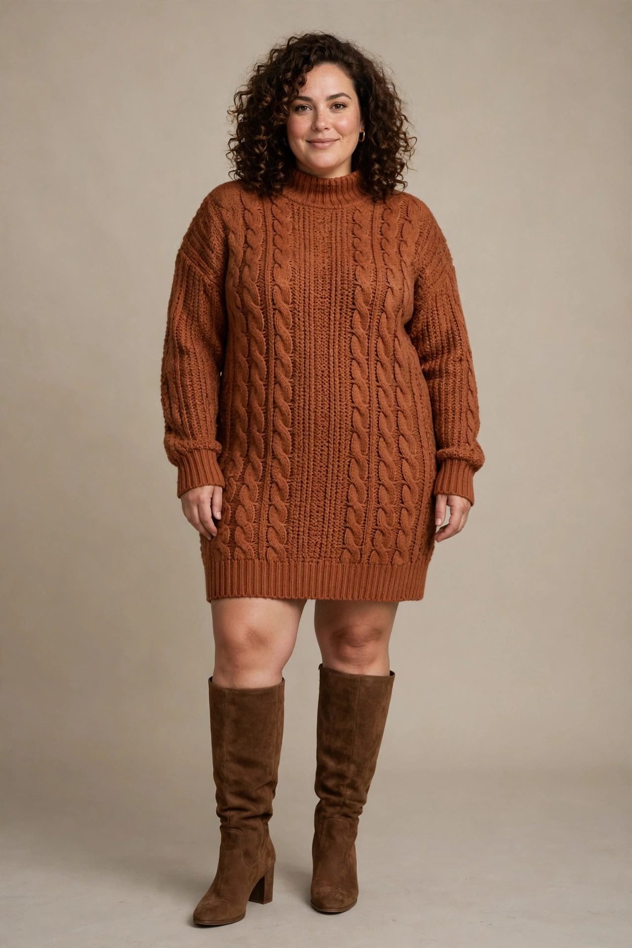 Sweater dress with wide calf knee high boots
