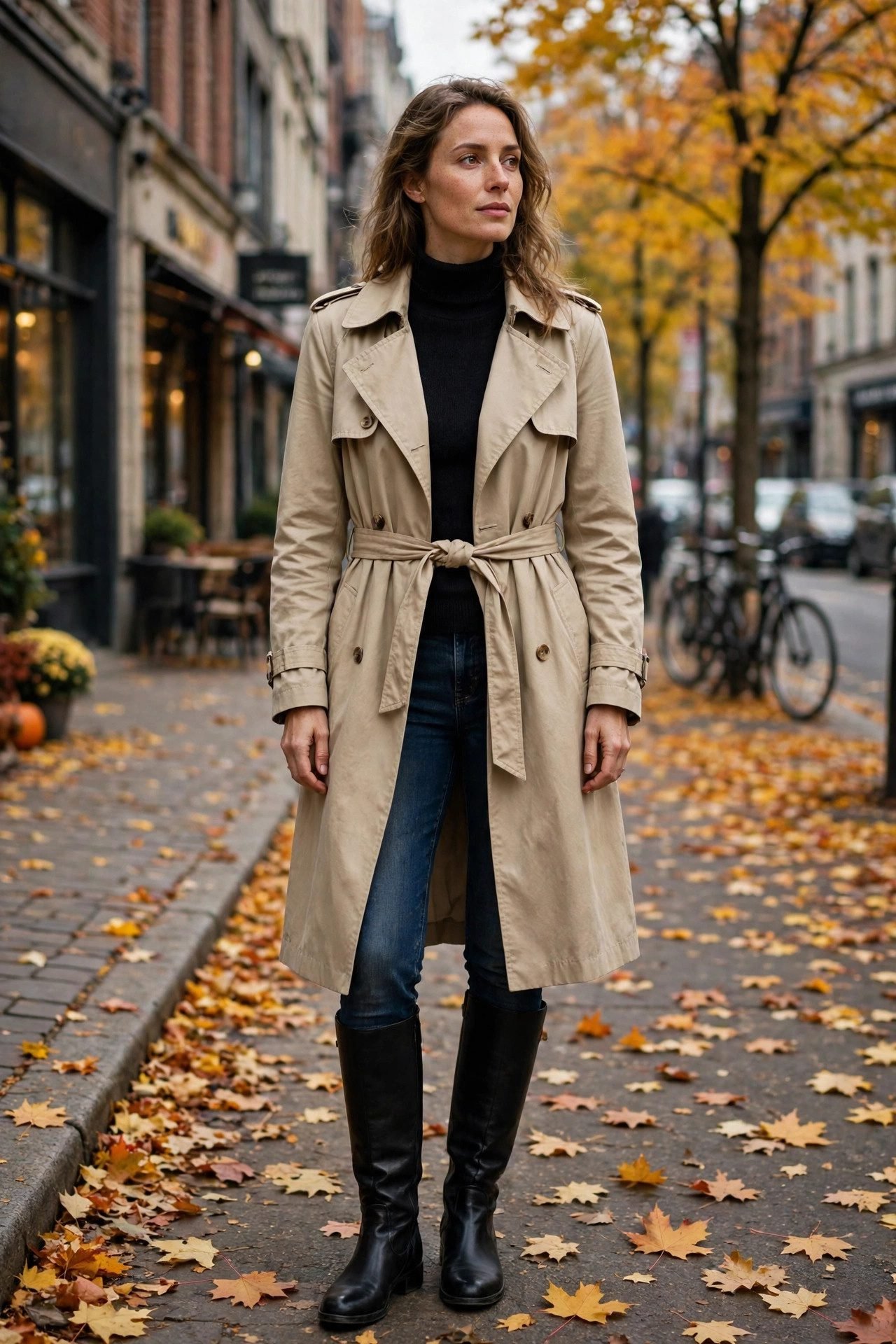 Dark jeans with classic trench coat and tall boots