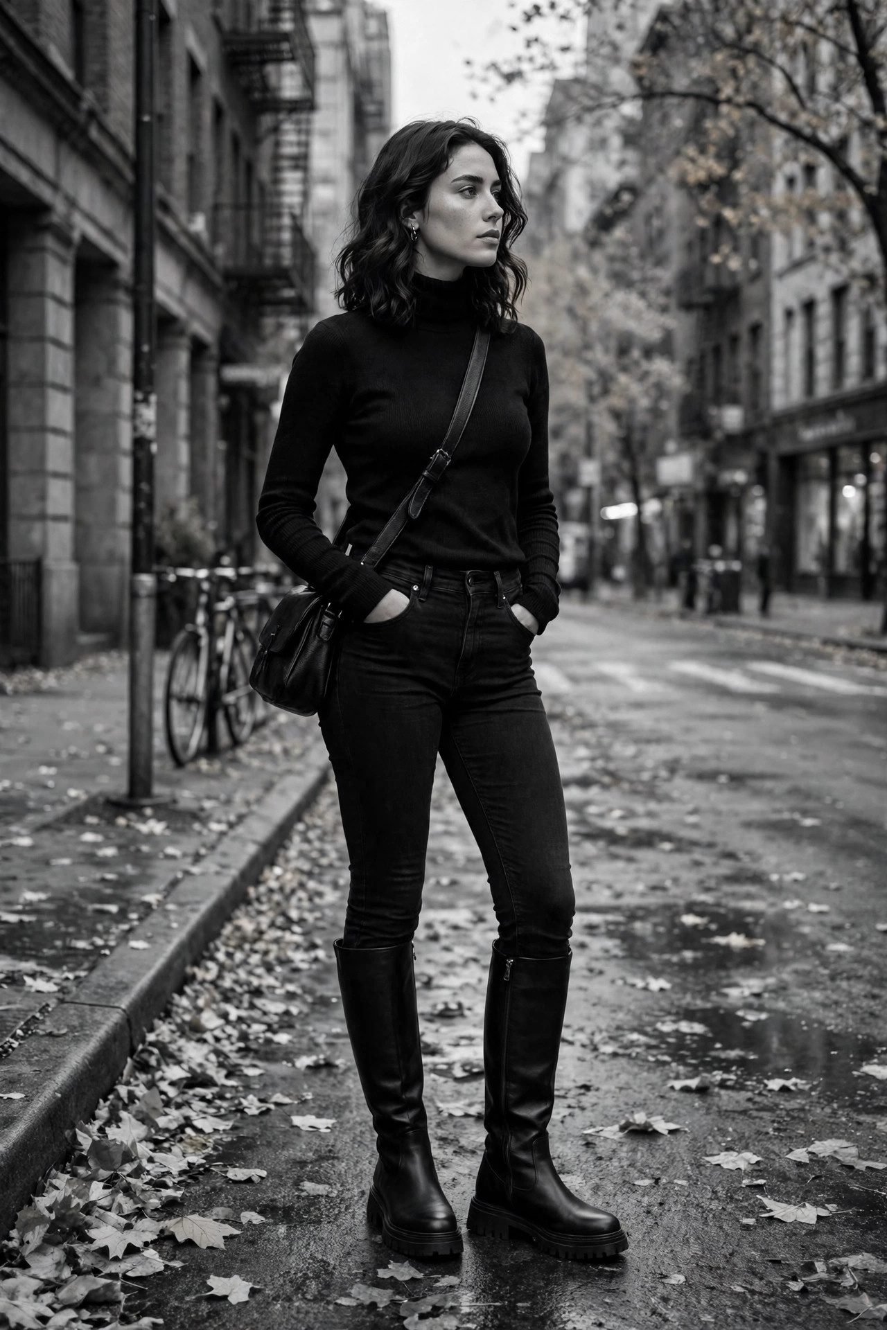 All black outfit with tall wide calf boots