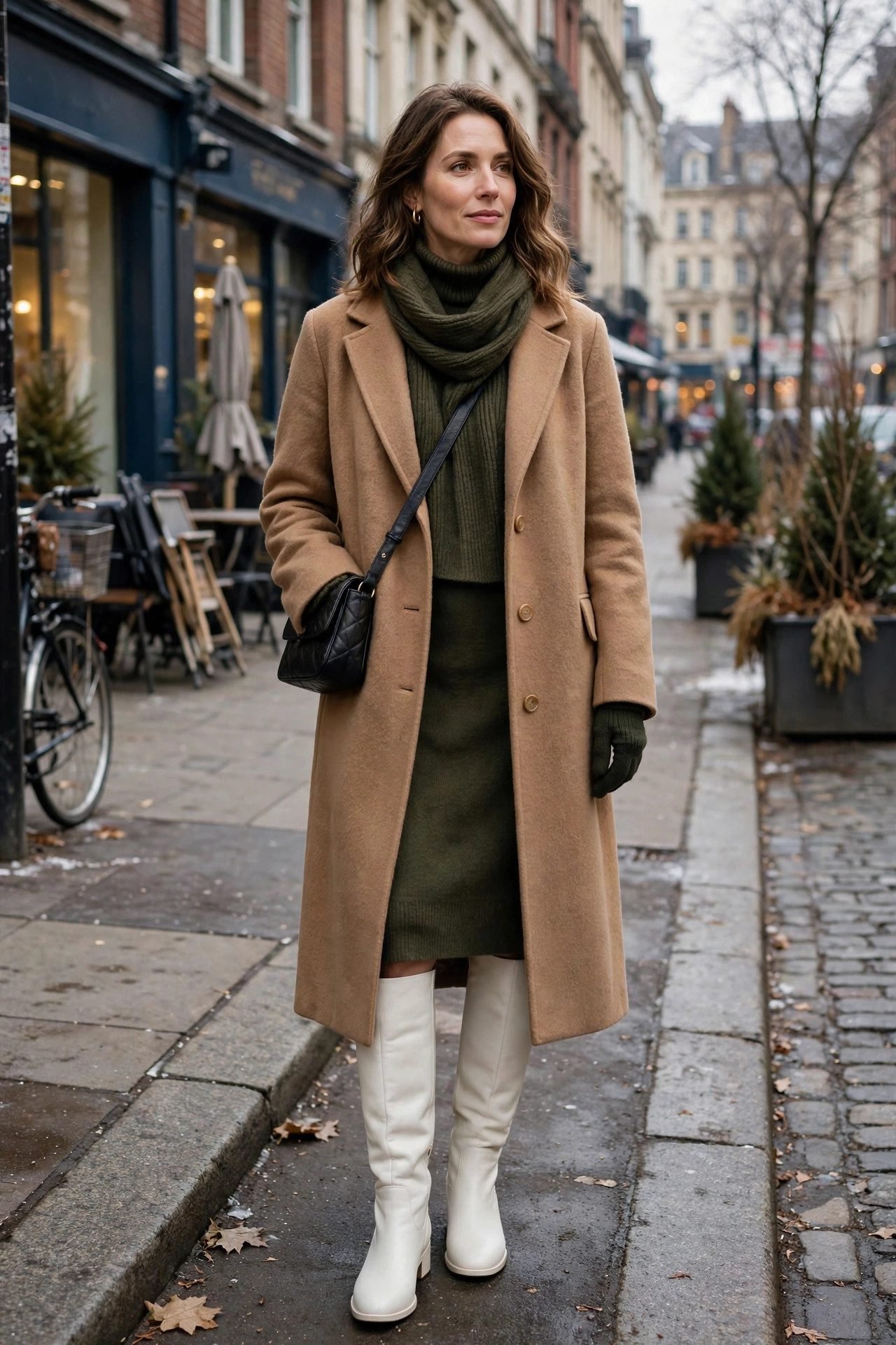 White boots with long coat and turtleneck dress