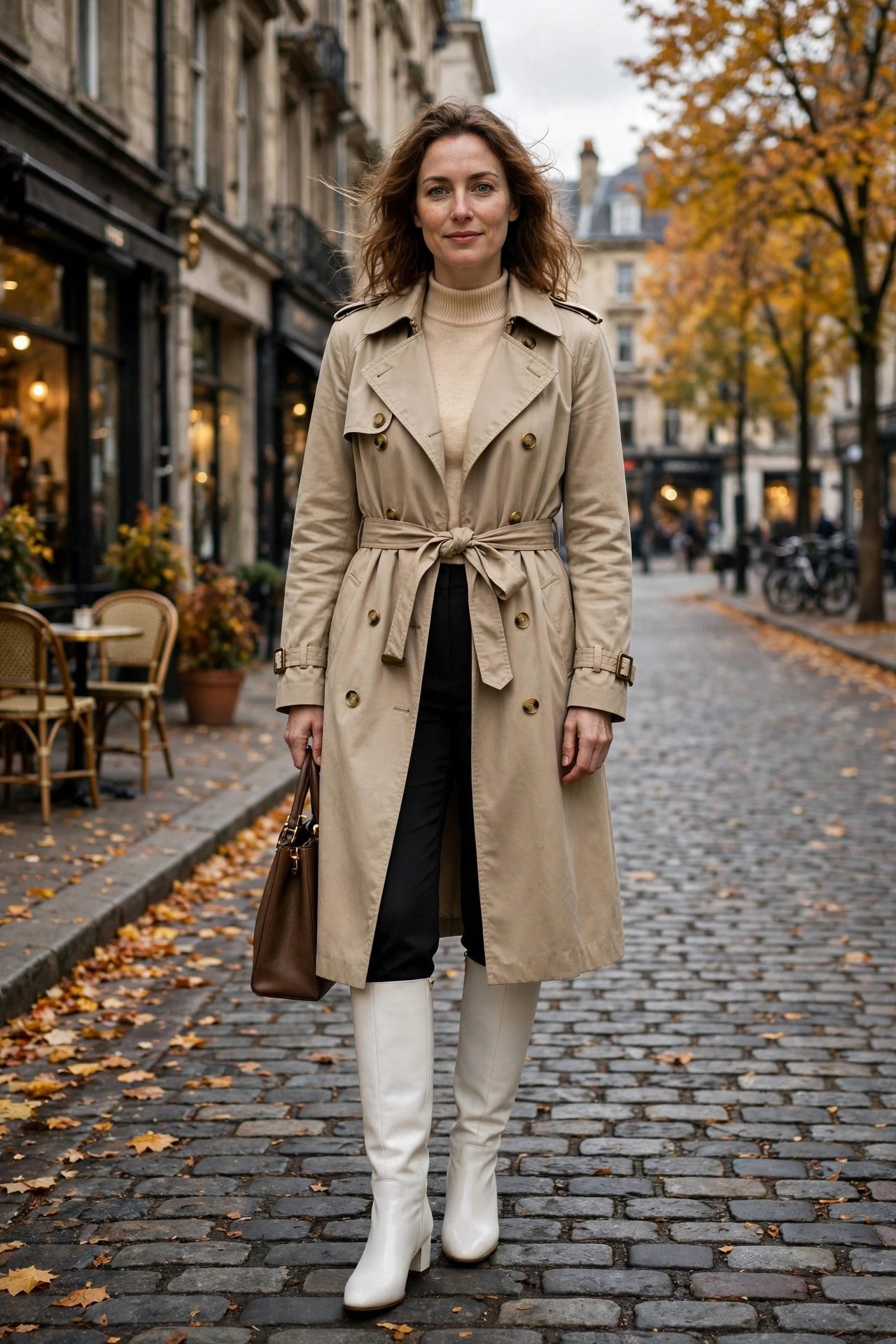 White boots with classic trench coat