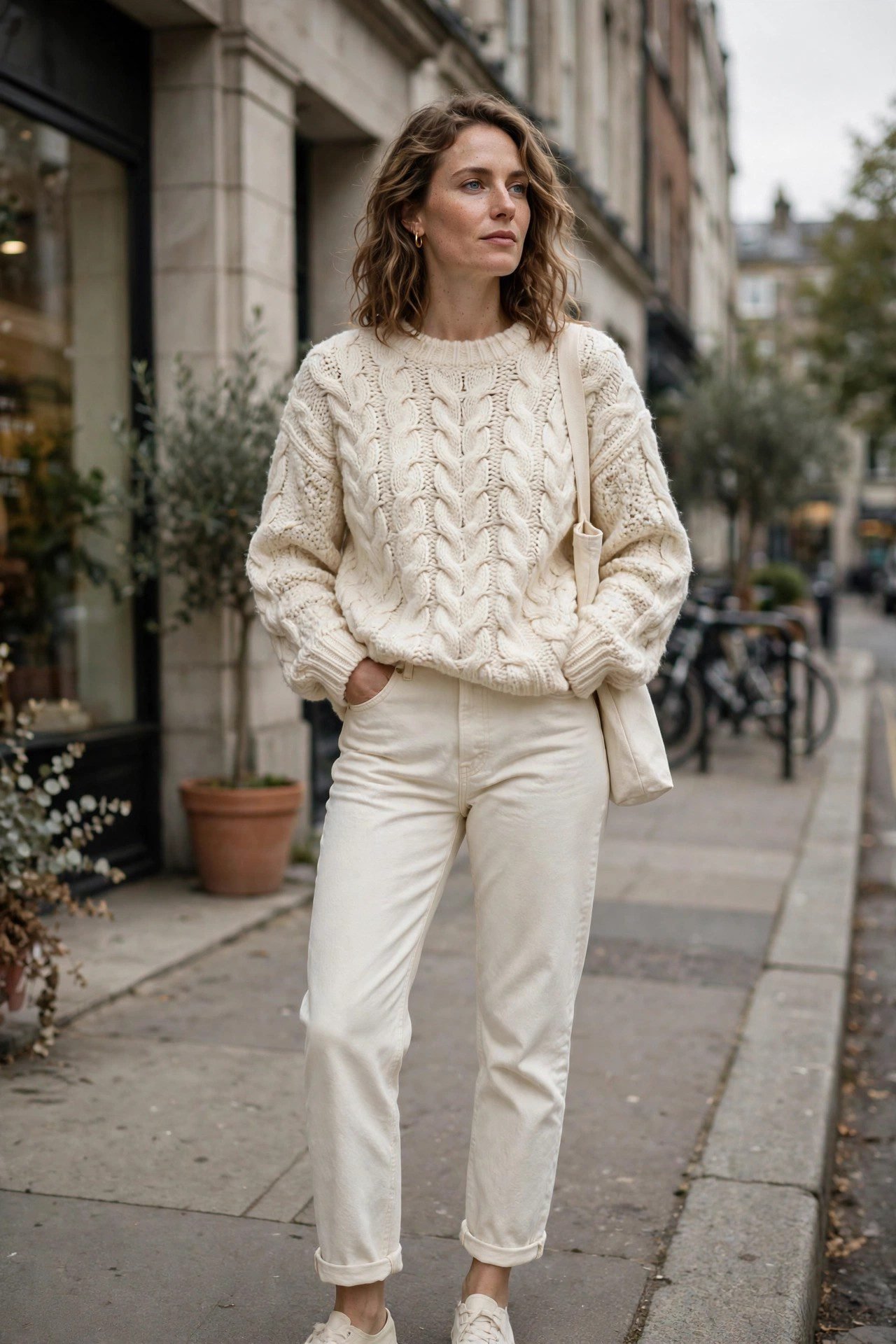 Woman wearing a tonal cream monochrome sweater and jeans outfit