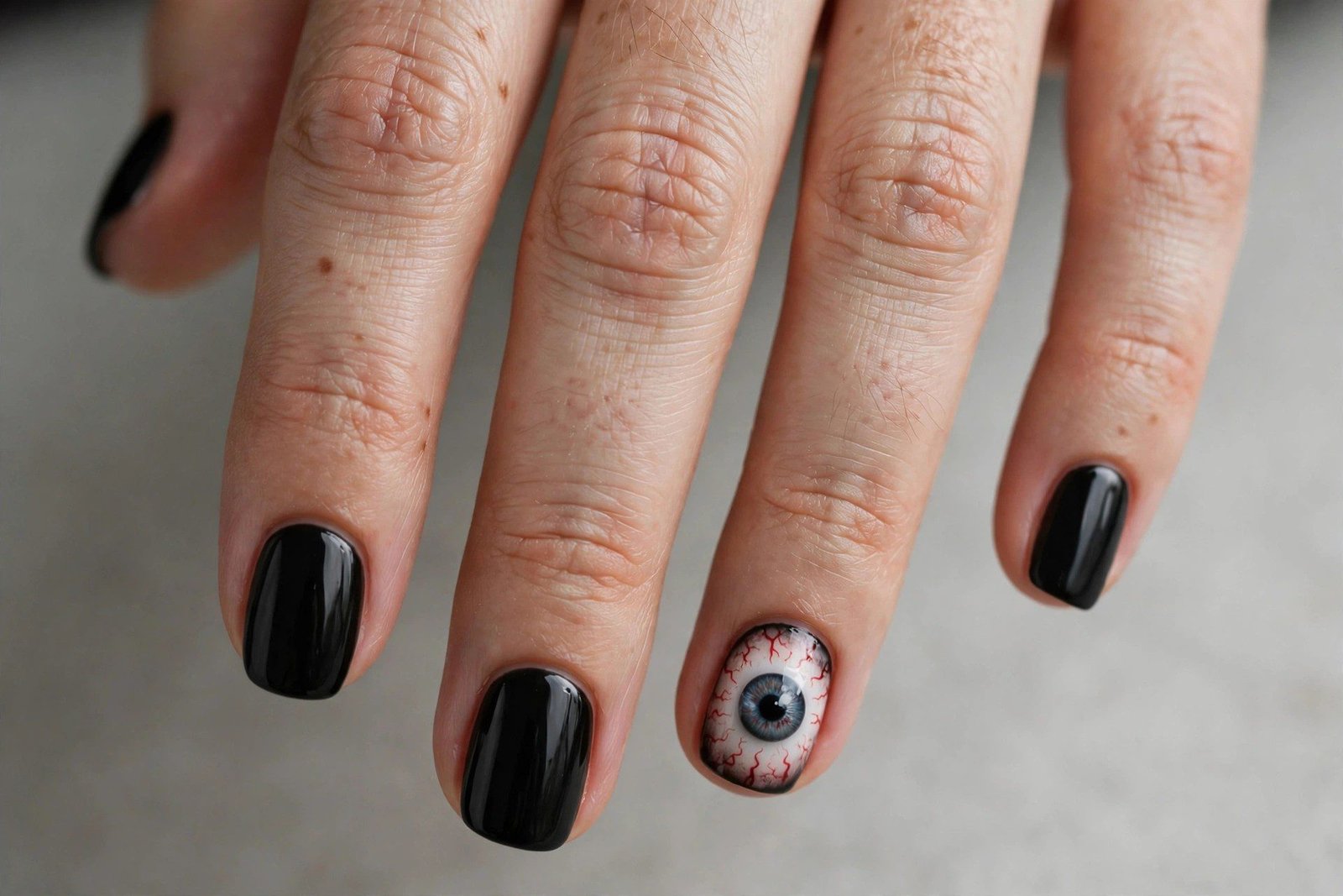 Black Halloween nails with a spooky eyeball accent nail
