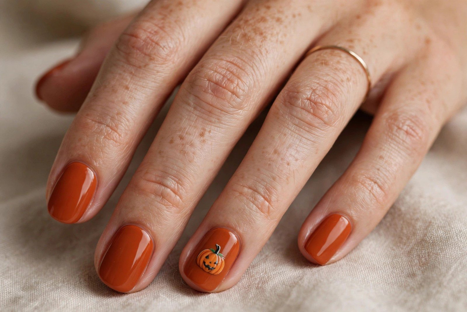 Burnt orange fall nails with a single pumpkin accent nail