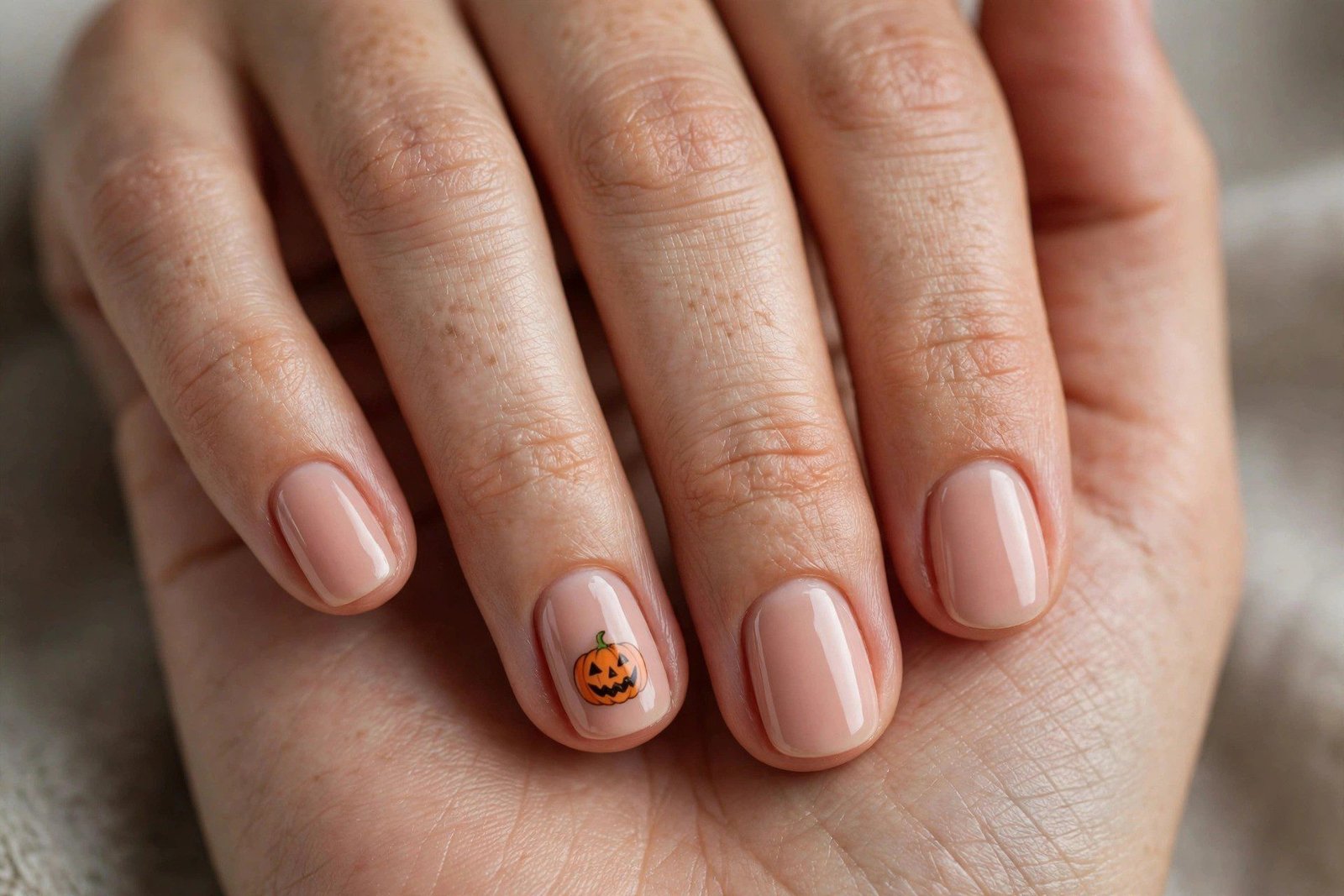 Nude pink Halloween nails with a jack-o'-lantern face accent nail