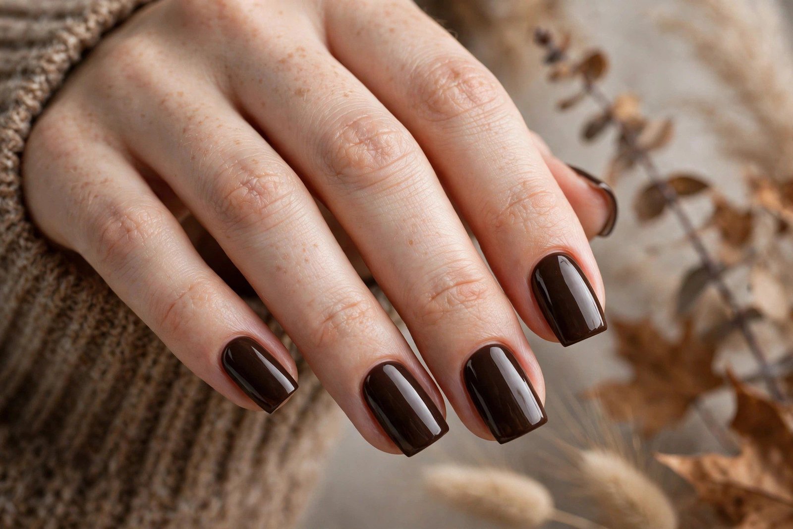 Espresso brown glossy square nails for October